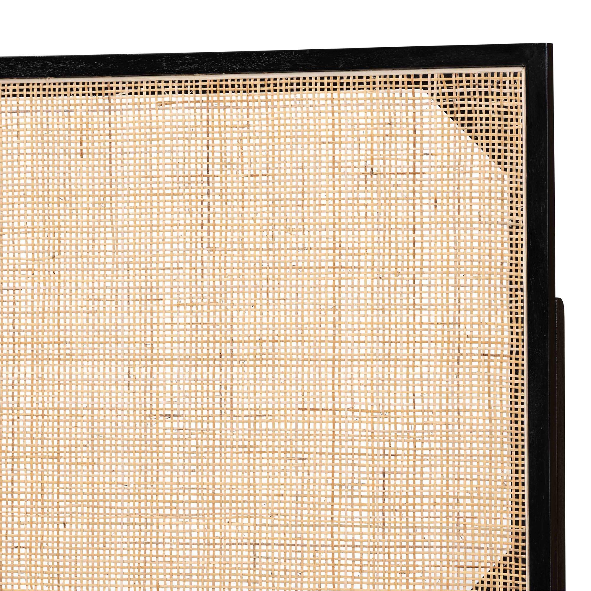 Left. bali & pari - Aurelia Modern Bohemian Finished Bayur Wood and Natural Rattan Queen Size Headboard - Black/Natural Brown.