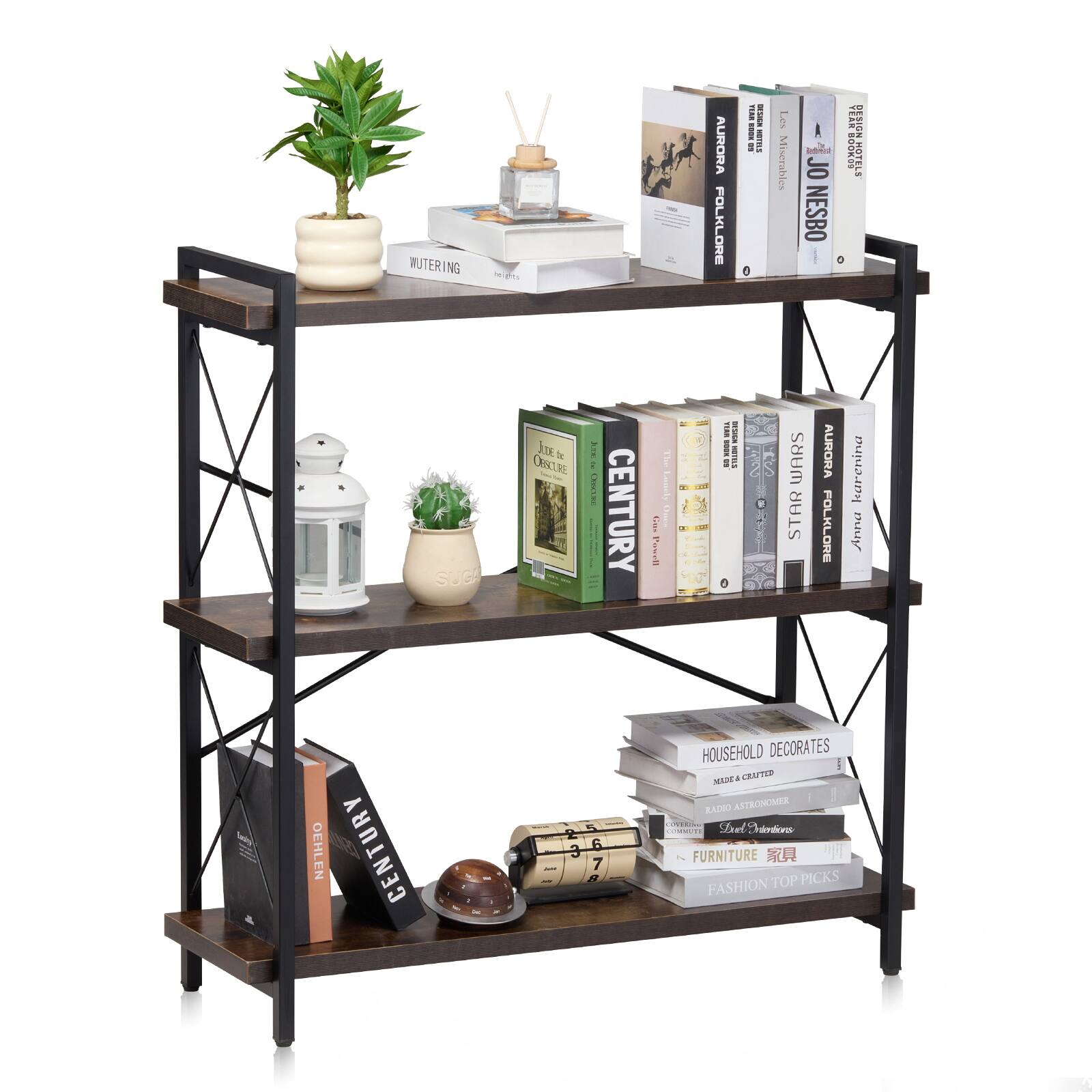 VEVOR - Metal Bookshelf, 3-Tier Industrial Bookshelf, Small Rustic Storage Display Bookcase with Open Shelves - Brown