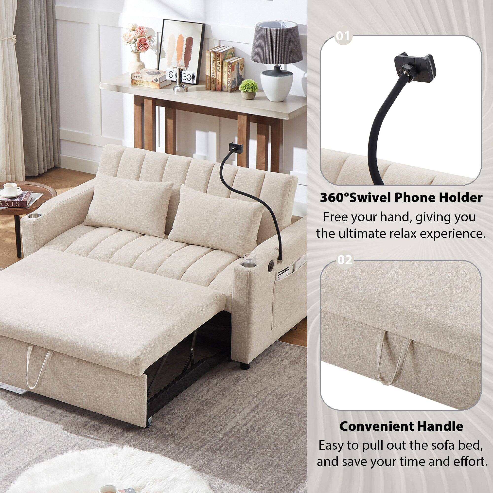 01 360° Swivel Phone Holder  
Free your hand, giving you the ultimate relax experience.  

02 Convenient Handle  
Easy to pull out the sofa bed, and save your time and effort.