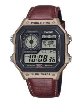 Casio - Standard Digital World Time Leather Strap Quartz AE-1200WHL-5AV 100M Men's Watch - Gray