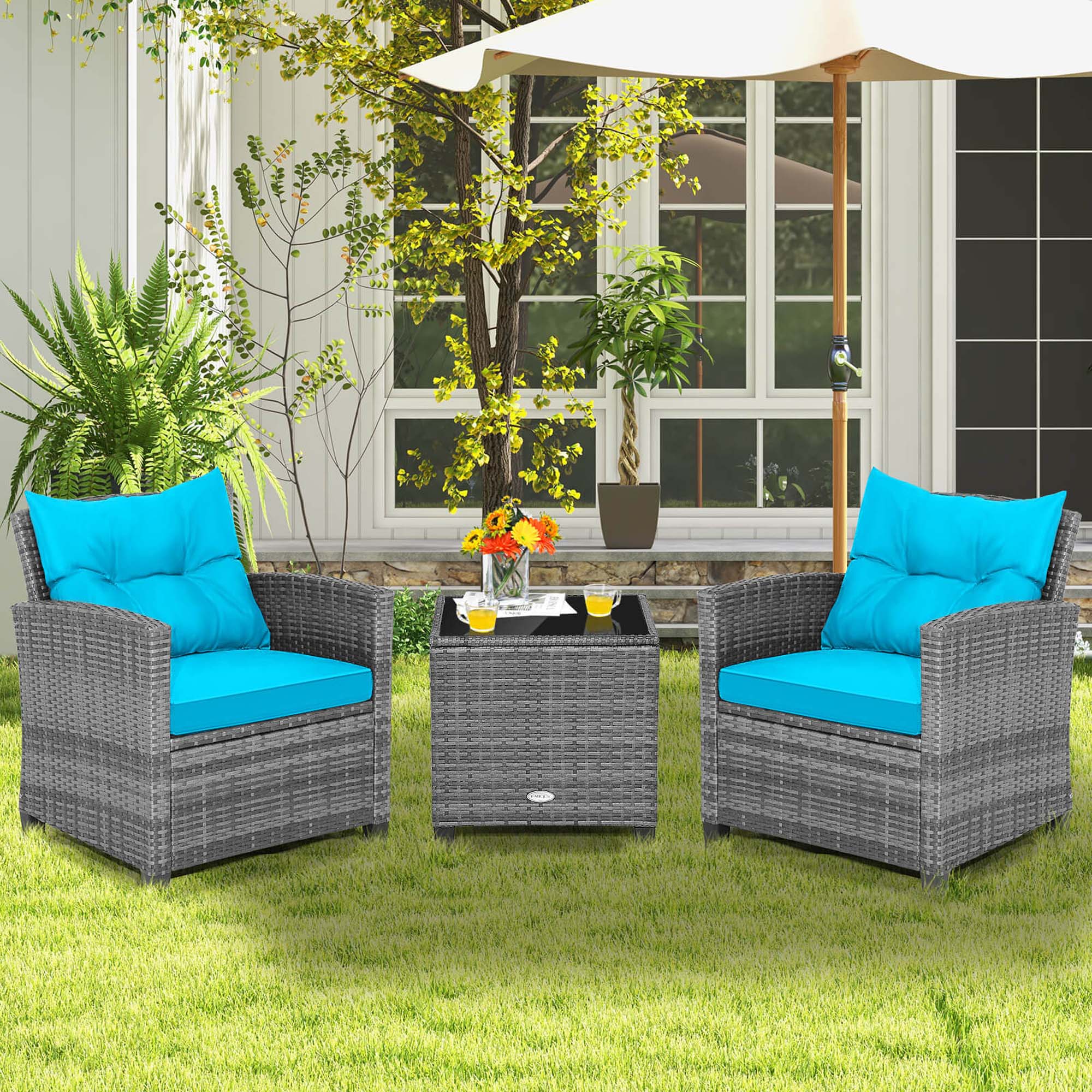 Alt View 1. Costway - 3 PCS Patio Rattan Furniture Bistro Set Cushioned Sofas Side Table Armrest - Turquoise + Mix Grey.