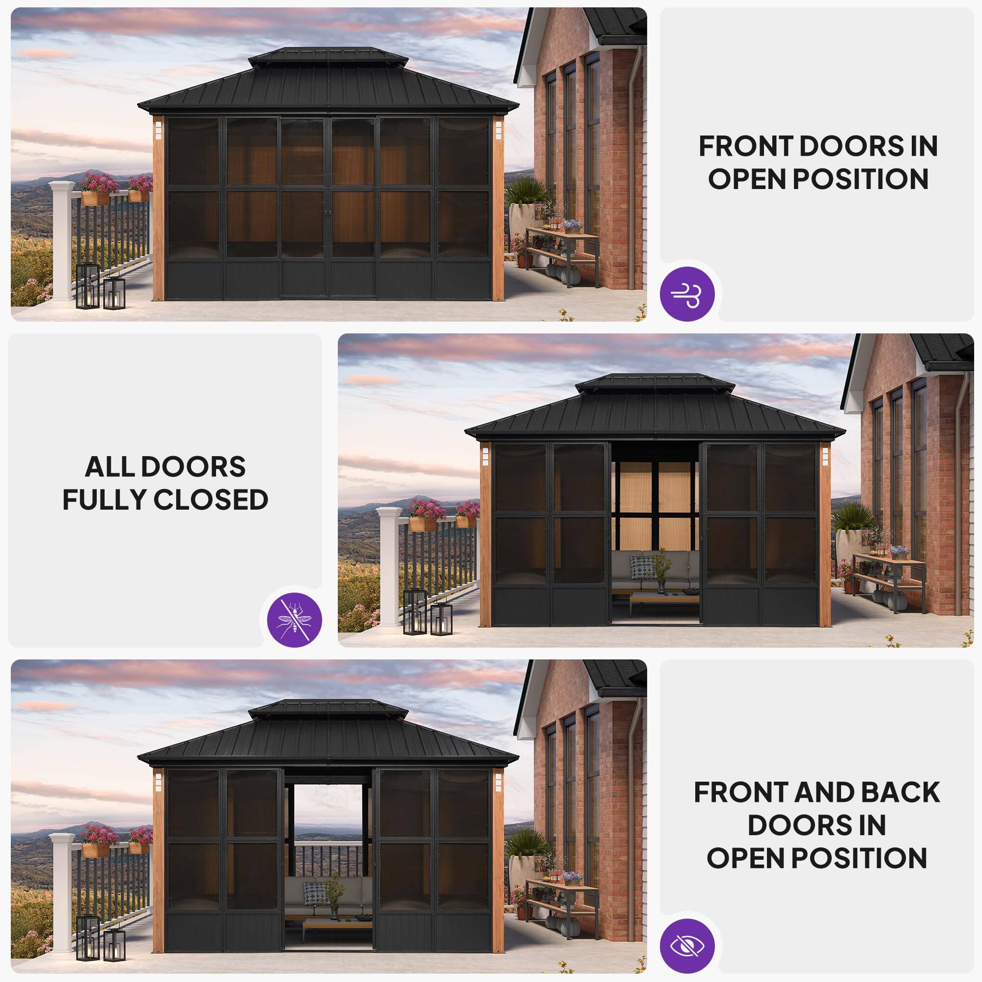 FRONT DOORS IN OPEN POSITION  
ALL DOORS FULLY CLOSED  
FRONT AND BACK DOORS IN OPEN POSITION