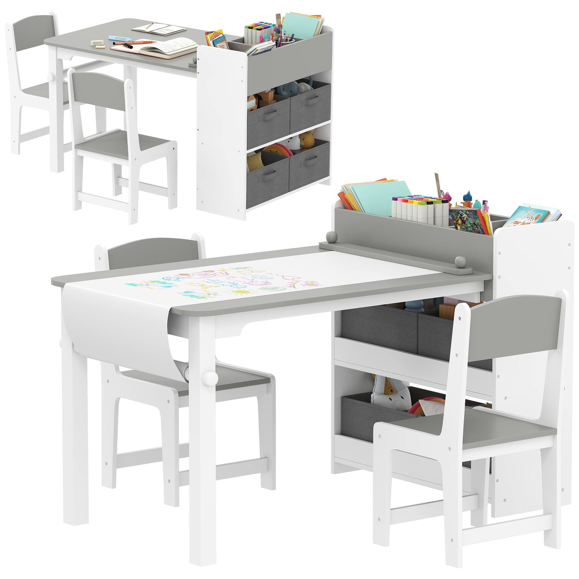 Front. Qaba - Kids Art Table & Easel Chair Set, Storage Shelves, Drawers, Activity Craft Play Table, Writing Drawing, 3-8 Years - Gray.