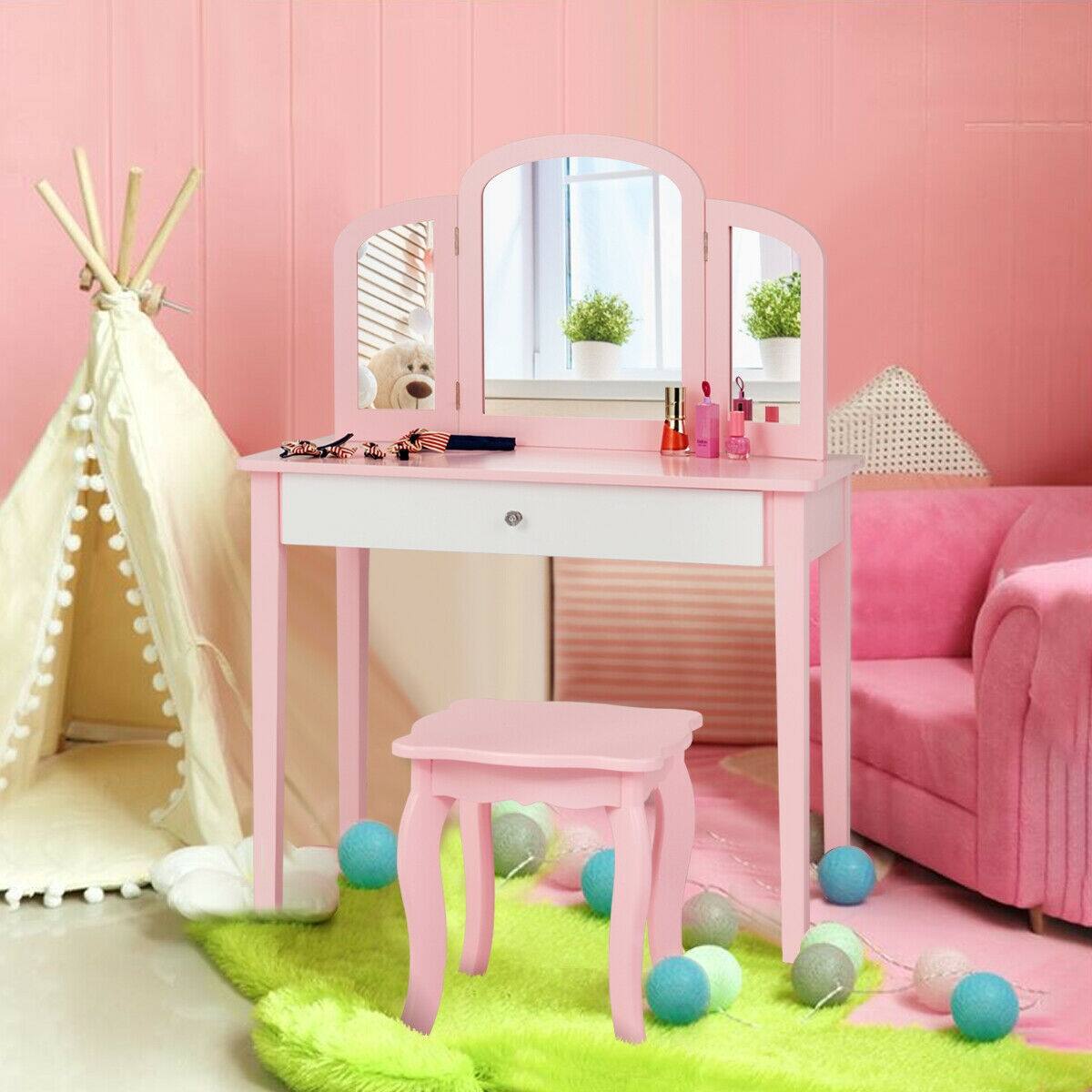 Alt View 2. SlickBlue - Kids Princess Makeup Dressing Table with Tri-Fold Mirror and Matching Chair - Pink.