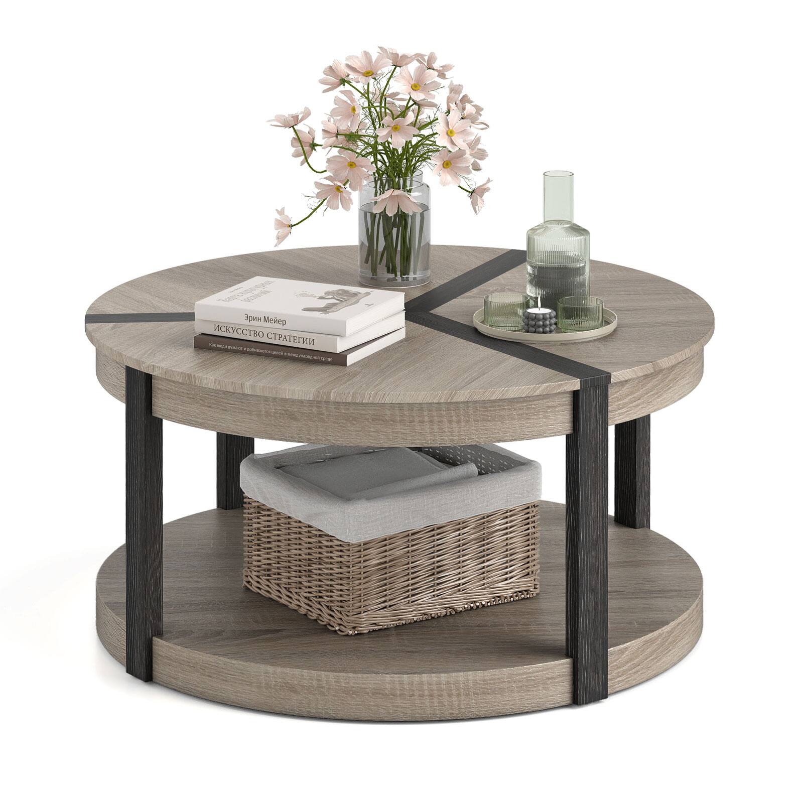 Front. Gymax - Gymax 34.5'' Rubber Wood Center Table w/Spacious Tabletop & Storage Shelf Modern - Gray, Black.