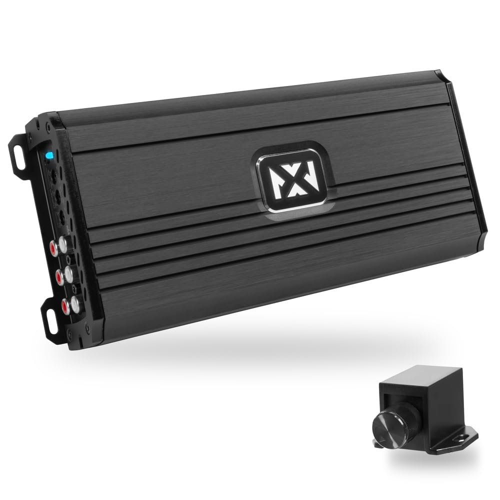 Front. NVX - NDA11005 5-Channel Amplifier 2200W Peak (1100W RMS) N-Series Class-D  with Remote Bass Knob.
