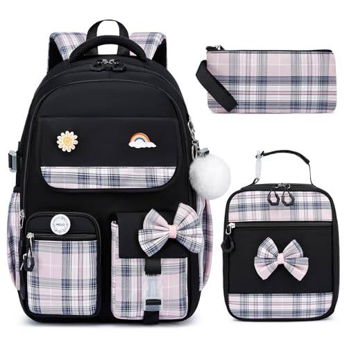 Front. Pacoar Cade - Backpack With Lunch Box Pencil Case Set  For Elementary Middle - Black Pink-15.6 inch.