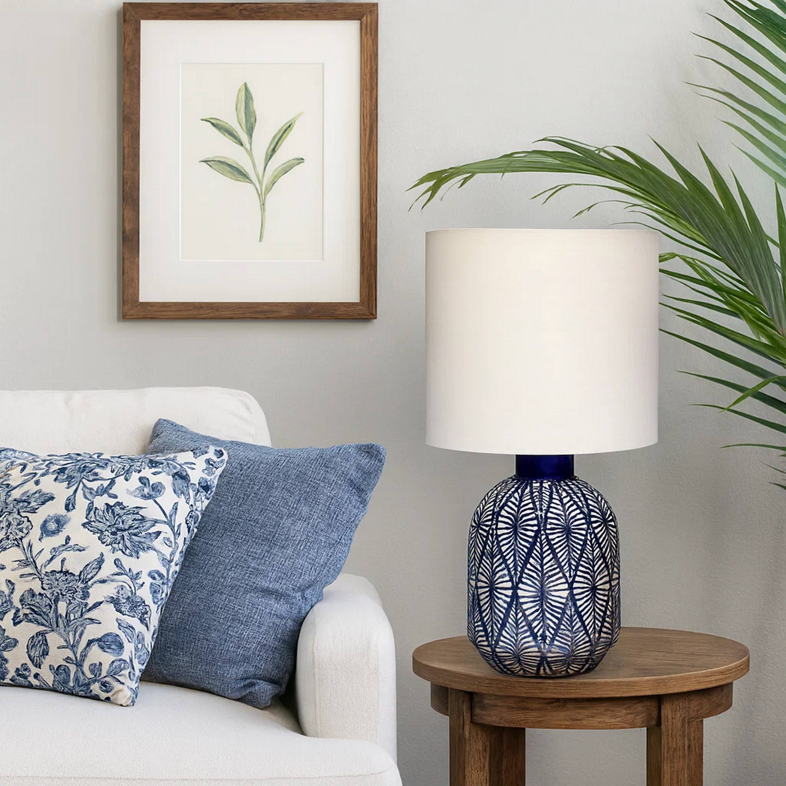 Alt View 3. Manhattan Lane - Hyla Accent Table Lamp, 17 Inch, Linen, Geometric Ceramic - Cream, Indigo Blue, White.