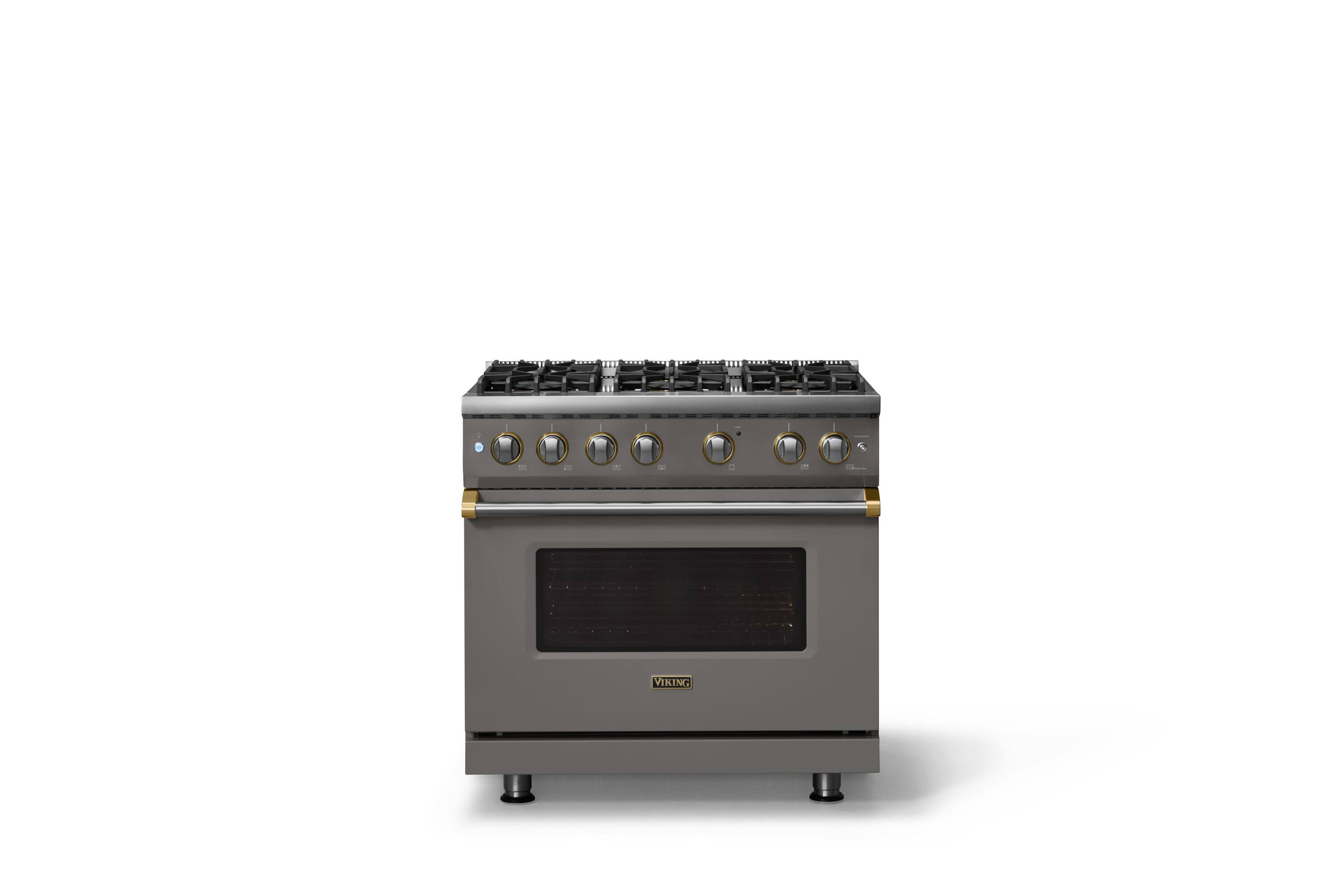Alt View 1. Viking - Pro 5 Series 5.1 Cu. Ft. Freestanding Sealed 6 Burner Gas Convection Range - Damascus Gray w. Brushed Brass Trim - Damascus Gray.