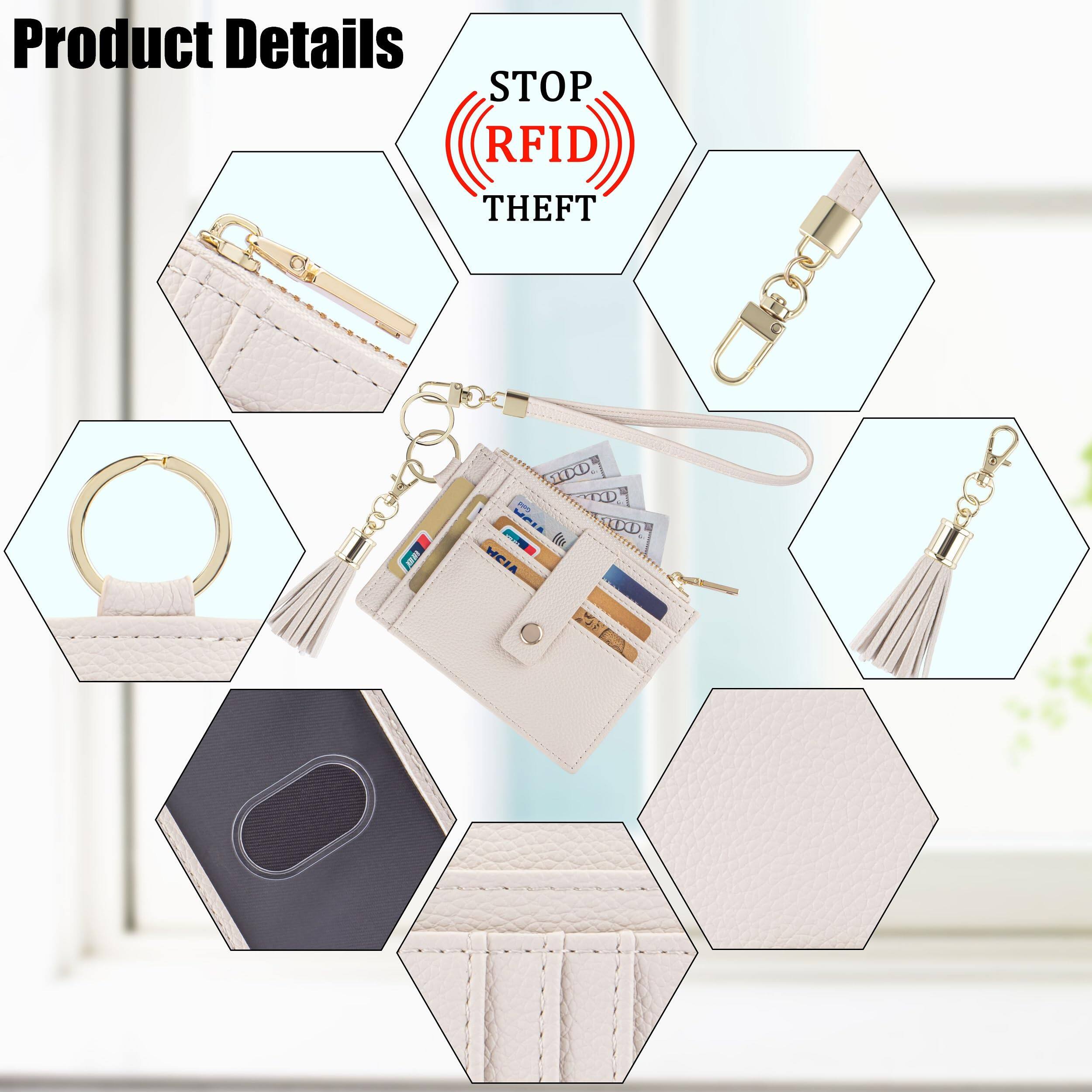 Back. Jadie Link - Wristlet Keychain Wallet Women Slim Rfid Blocking Credit Card Holder Zip Case Small Compact Leather Purse beige - Beige.