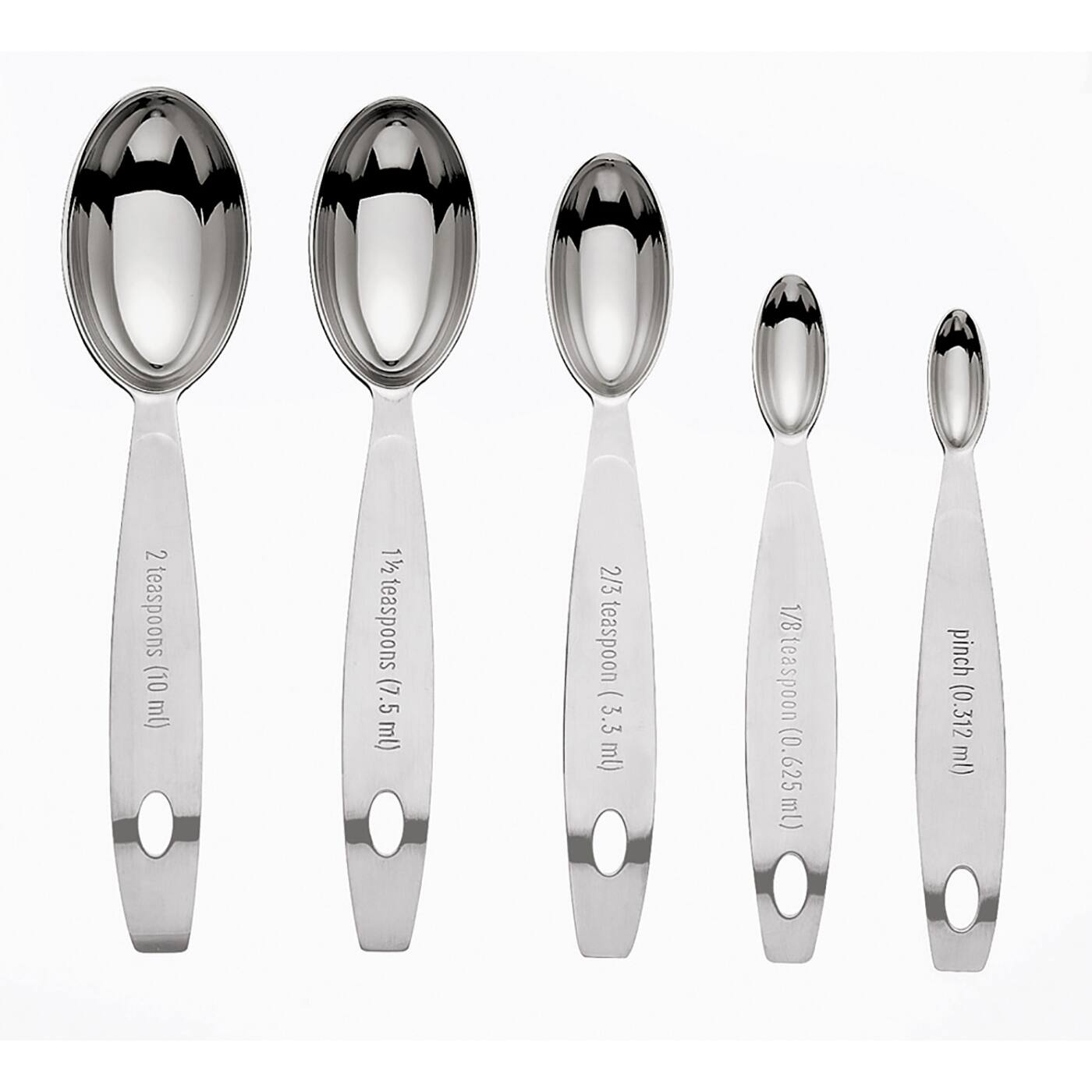 2 teaspoons (10 ml)  
1 1/2 teaspoons (7.5 ml)  
2/3 teaspoon (3.3 ml)  
1/8 teaspoon (0.625 ml)  
pinch (0.312 ml)
