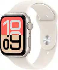 Front. Apple - Apple Watch SE 3 (GPS) 44mm Starlight Aluminum Case with Starlight Sport Band - S/M - Starlight.