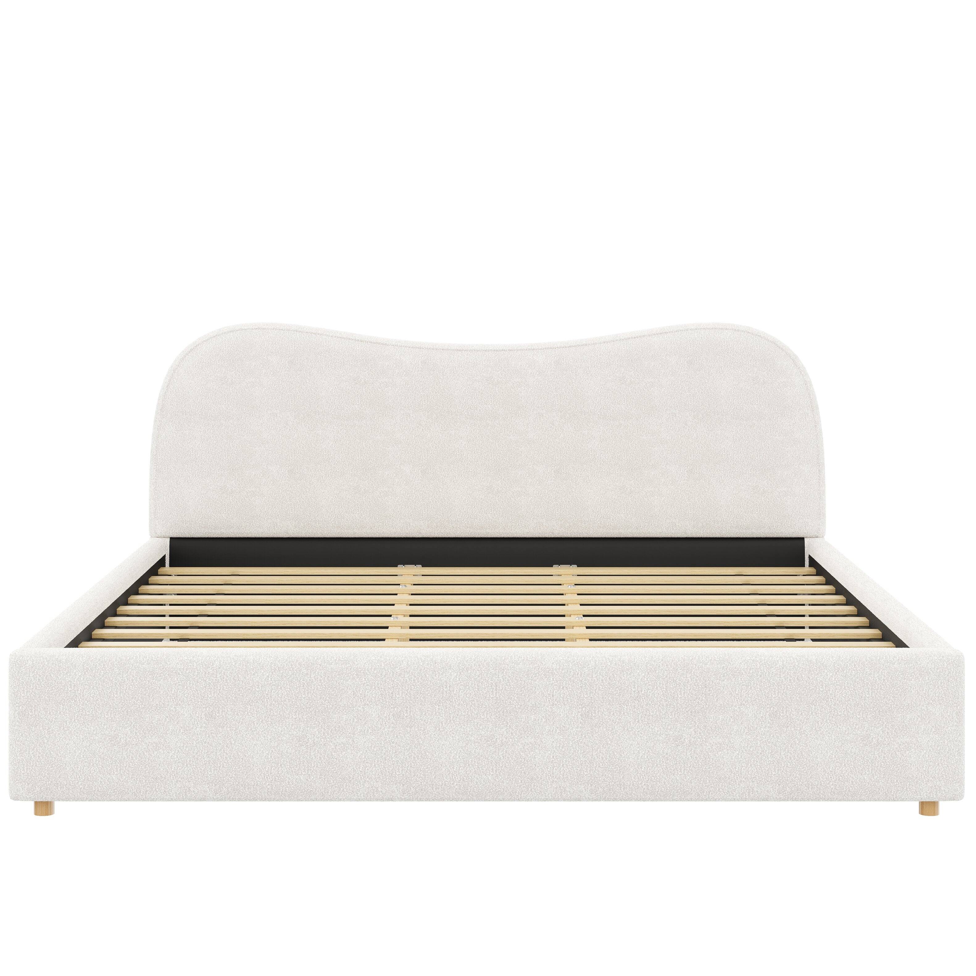 Back. Whisen - King Size Upholstered Platform Bed Frame with Curved Headboard, Bouclé Fabric Bed for Modern Bedroom - White.