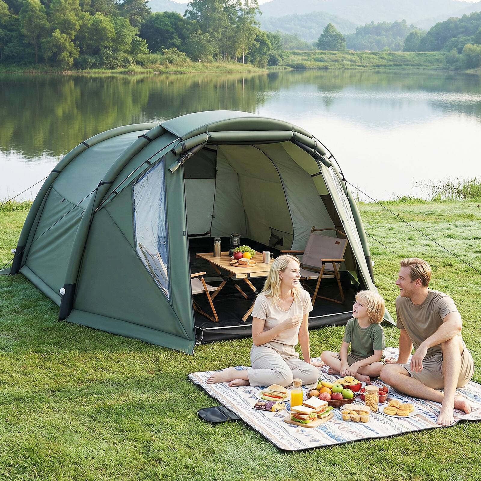 Alt View 1. Costway - Costway Inflatable Camping Tent with Screened Porch, Mesh & Transparent Windows, Door - Green.
