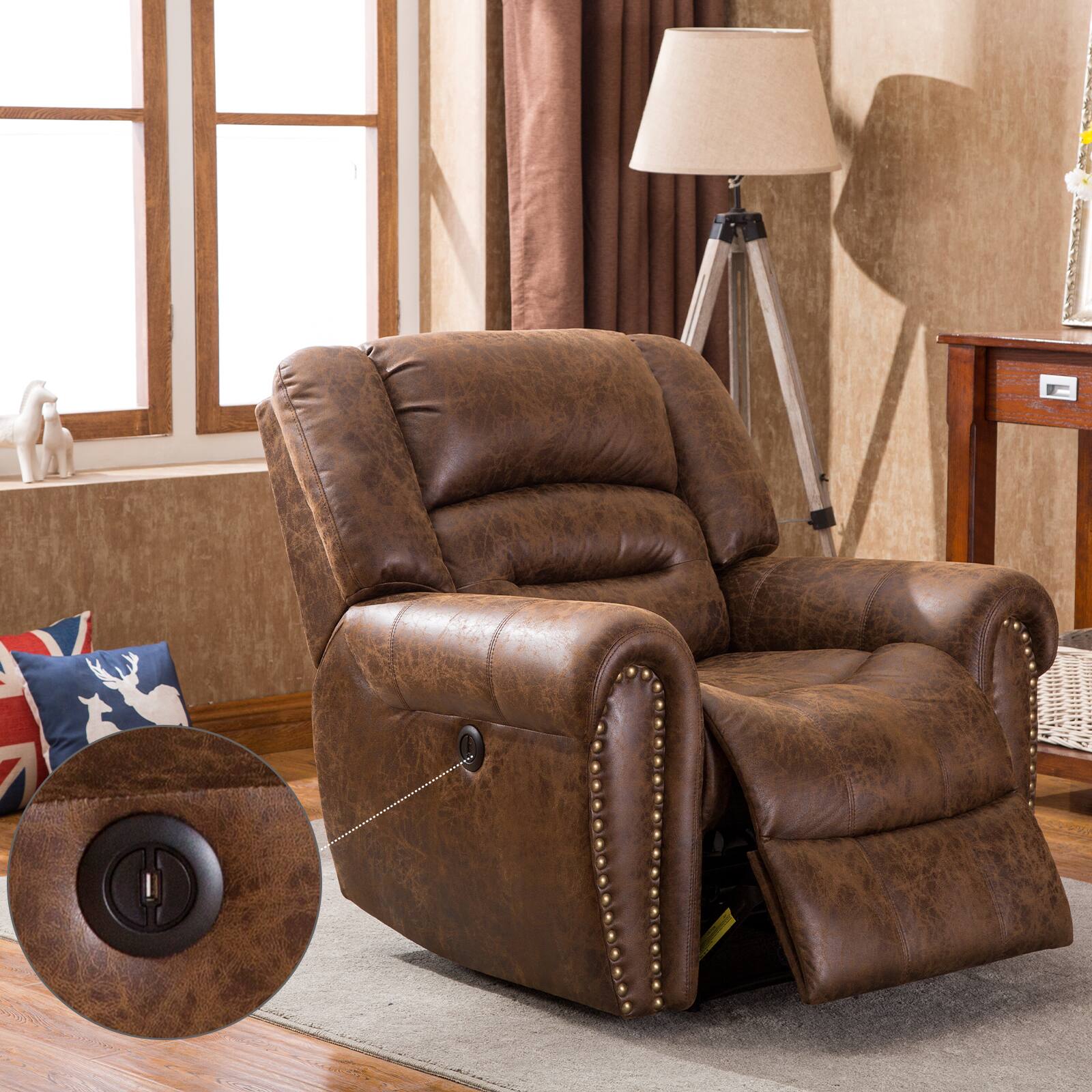 Left. Bestier - Oversized Brown Vegan Leather Manual Power Recliner with Nailhead Trim and USB Port - Brown.