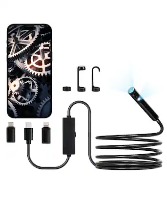 Front. VEVOR - Endoscope Camera with Light, Dual Lens Borescope for Android & IOS, 1920P HD Inspection Camera with 8 + 1 LED Lights - Black.