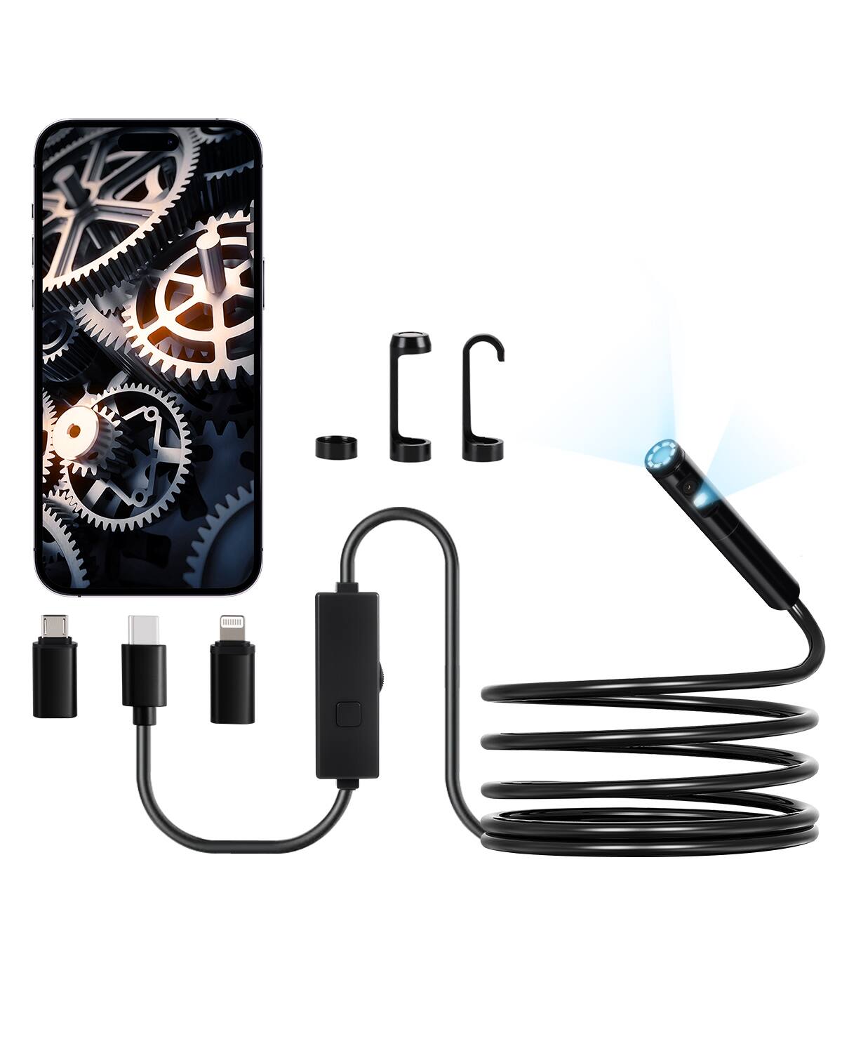 Front. VEVOR - Endoscope Camera with Light, Dual Lens Borescope for Android & IOS, 1920P HD Inspection Camera with 8 + 1 LED Lights - Black.
