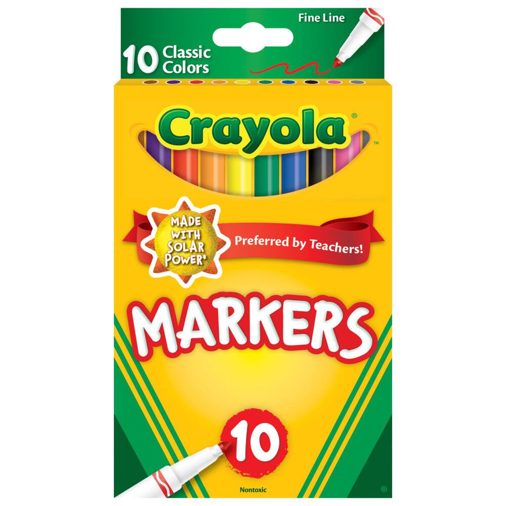 Fine Line Classic 10 Colors - Crayola - MADE WITH SOLAR Preferred by Teachers! POWER MARKERS 10 Nontoxic