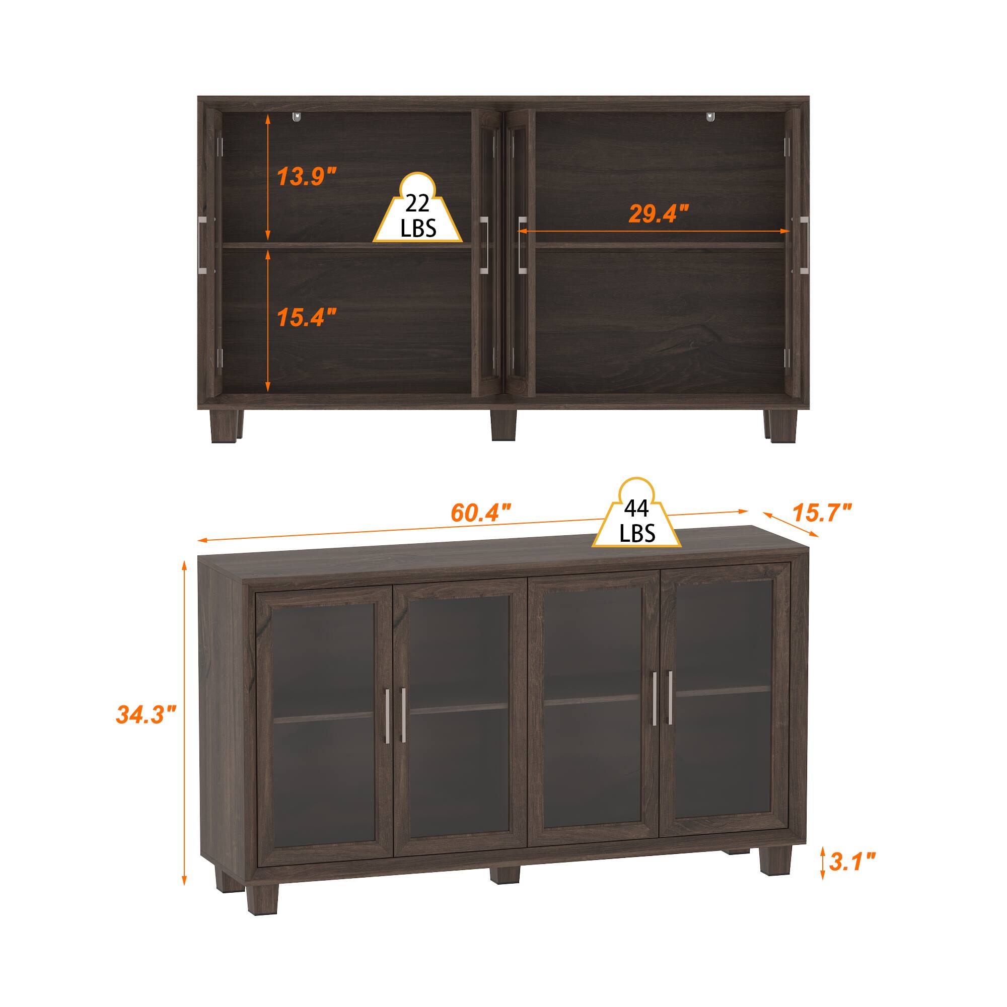 13.9", 22 LBS, 29.4", 15.4", 60.4", 44 LBS, 15.7", 34.3", 3.1"