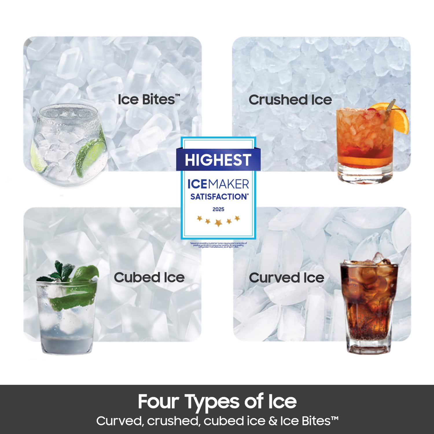 Ice Bites™
Crushed Ice
Cubed Ice
Curved Ice
HIGHEST ICEMAKER SATISFACTION 2025
Four Types of Ice
Curved, crushed, cubed ice & Ice Bites™