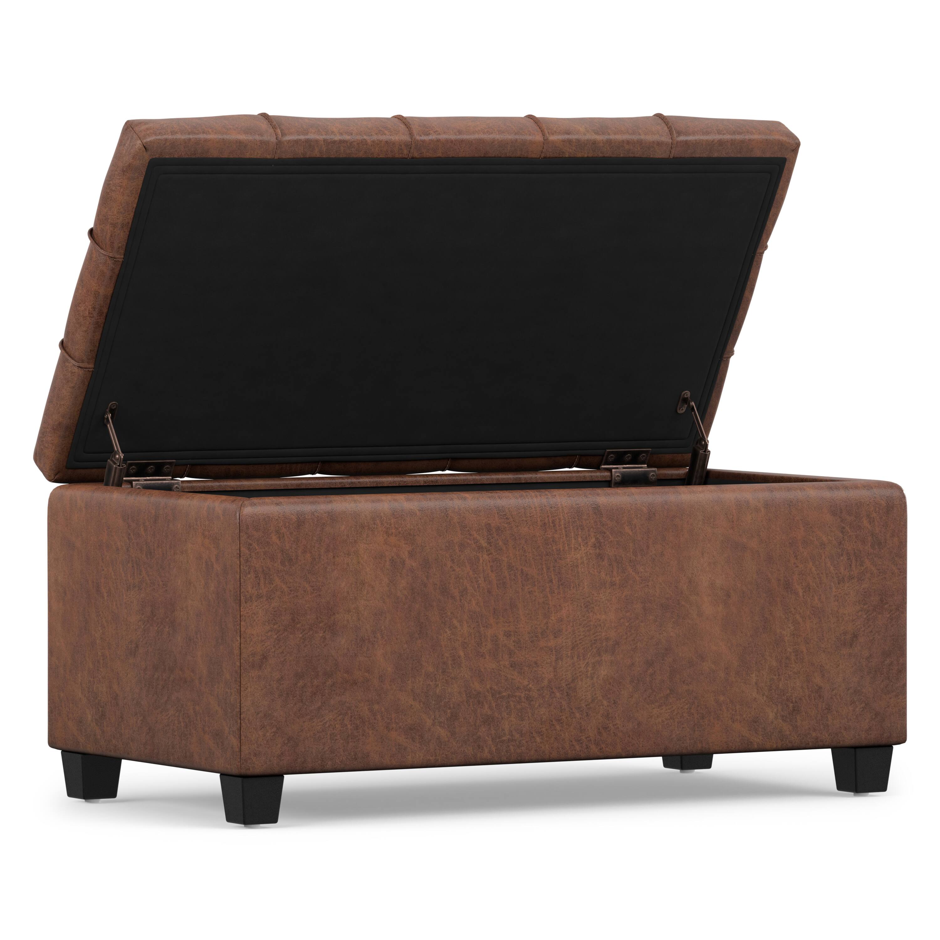 Back. Simpli Home - Sienna 33 inch Wide Storage Ottoman Bench in Distressed Saddle Brown Vegan Leather - Distressed Saddle Brown.