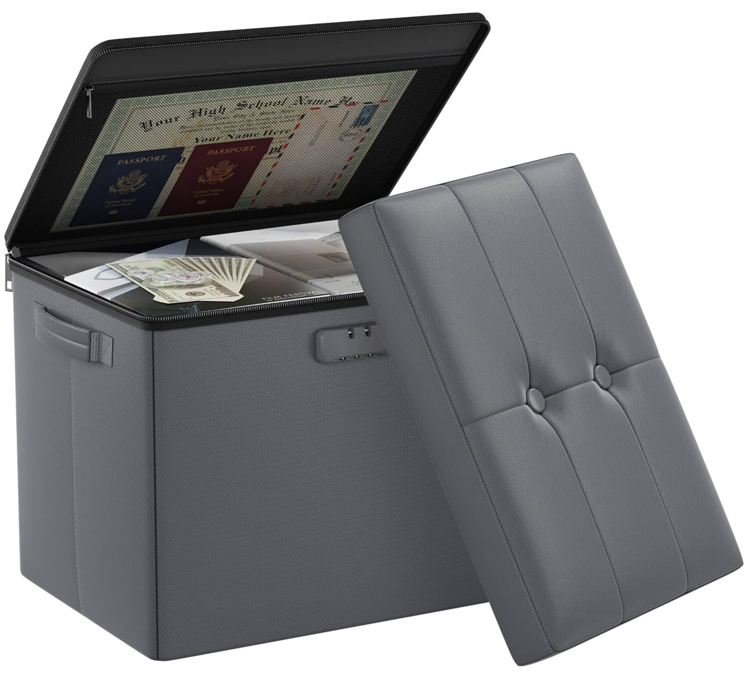 Fabibe - Storage Ottoman Bench with Lock,Fireproof 30 Inches Folding Bench Foot Rest Stool Storage Chest Safe for Living - Grey 17"D x 13"W x 13"H