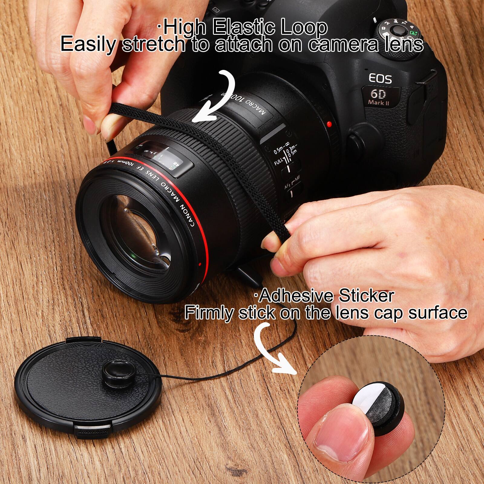- High Elastic Loop
  Easily stretch to attach on camera lens

- Adhesive Sticker
  Firmly stick on the lens cap surface