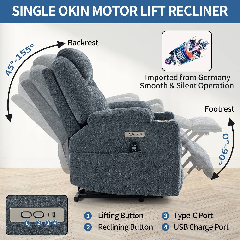 SINGLE OKIN MOTOR LIFT RECLINER  
Backrest 45-155°  
Smooth & Silent Operation  
Imported from Germany  

Footrest 0-90°  

1. Lifting Button  
2. Reclining Button  
3. Type-C Port  
4. USB Charge Port