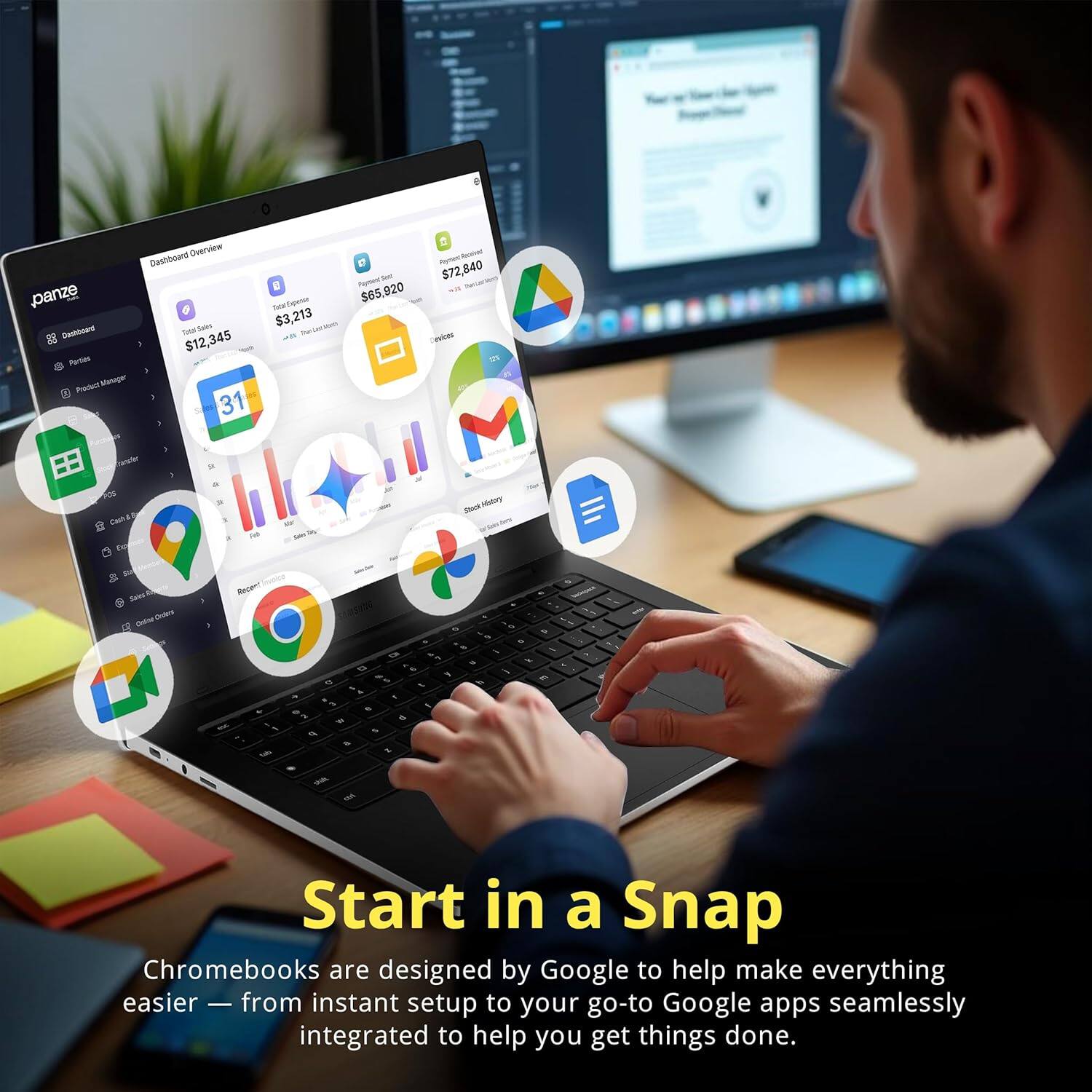 Dashboard Overview

Total Revenue: $12,345
Total Expenses: $65,920
Total Profit: $3,213
Total Expenses: $72,840

Product Manager: 1
Sales: 31
Marketing: 1
Customer Service: 1

Recent: 4

Start in a Snap

Chromebooks are designed by Google to help make everything easier — from instant setup to your go-to Google apps seamlessly integrated to help you get things done.