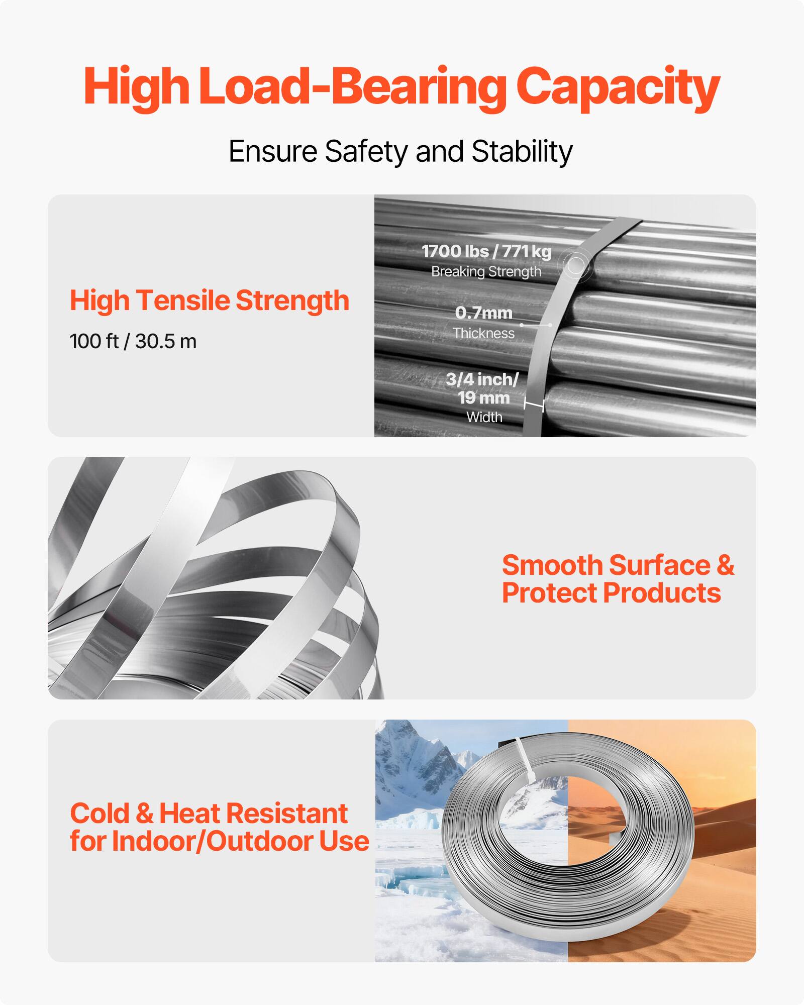 High Load-Bearing Capacity  
Ensure Safety and Stability  

High Tensile Strength  
100 ft / 30.5 m  
1700 lbs / 771 kg Breaking Strength  
0.7mm Thickness  
3/4 inch / 19 mm Width  

Smooth Surface & Protect Products  

Cold & Heat Resistant for Indoor/Outdoor Use