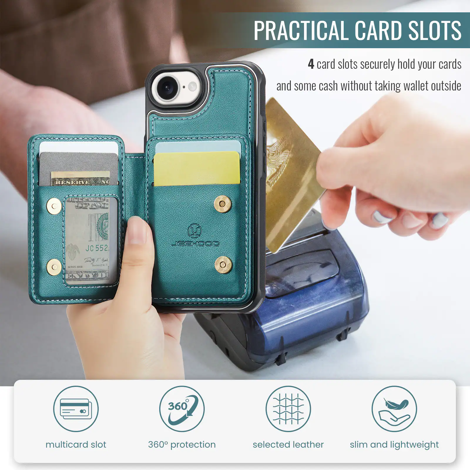 PRACTICAL CARD SLOTS

4 card slots securely hold your cards and some cash without taking wallet outside

JC 552

COOHESL - EXY

360 multicard slot

360° protection

selected leather

slim and lightweight