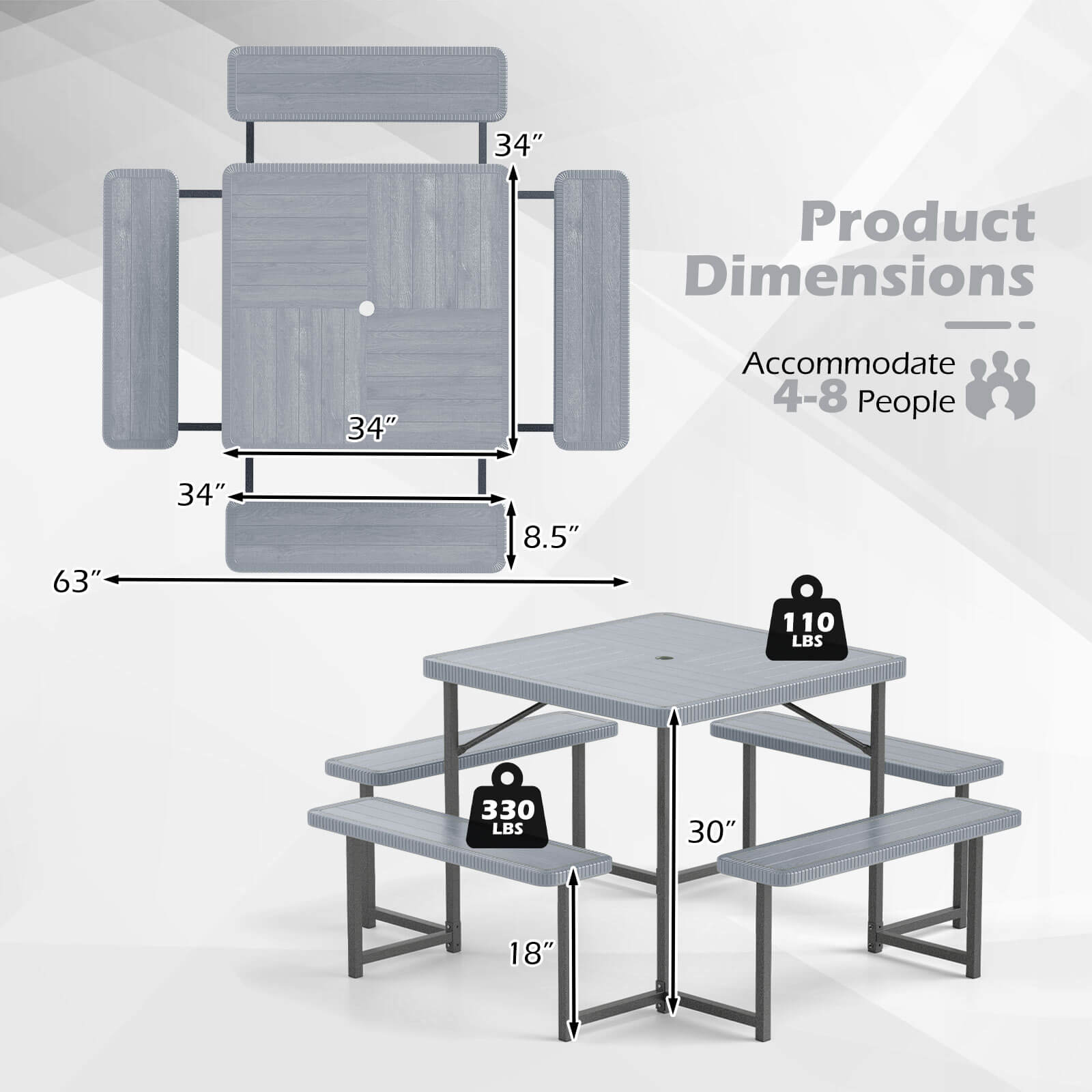 Product Dimensions: 34"
Accommodate: 4-8 People
Dimensions: 63" x 34" x 8.5"
Weight: 110 LBS
Weight Capacity: 330 LBS
Dimensions: 30" x 18"
