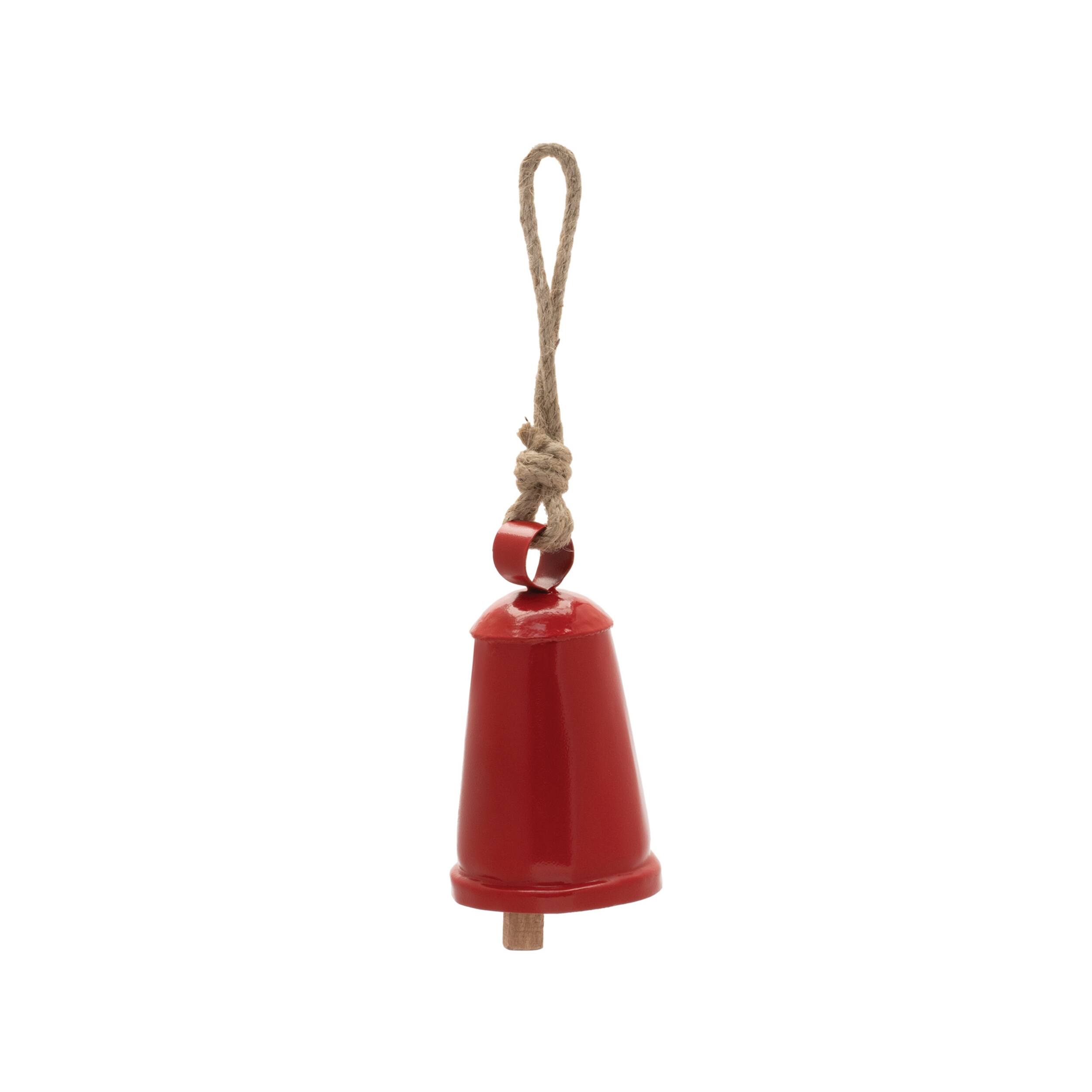 Left. BreeBe - Rustic Metal Bell Ornament (Set of 4) - Red, beige.