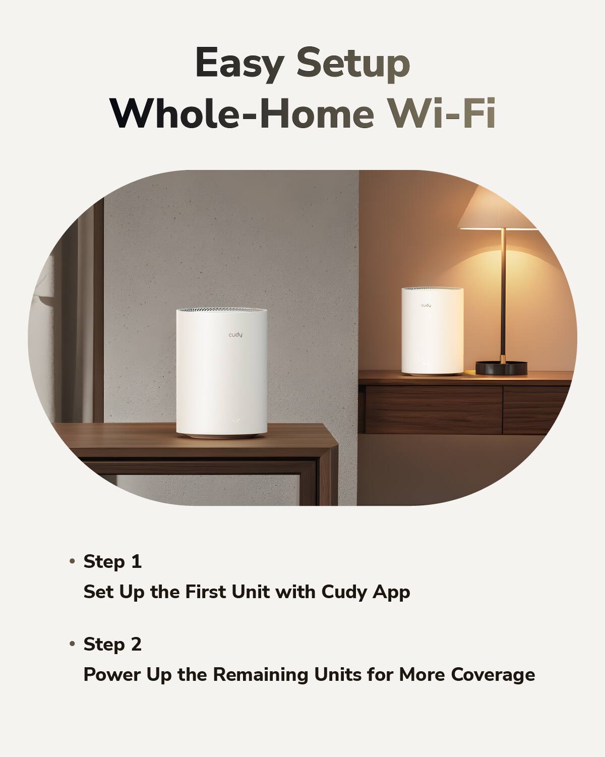 Easy Setup Whole-Home Wi-Fi

- Step 1
  Set Up the First Unit with Cudy App

- Step 2
  Power Up the Remaining Units for More Coverage