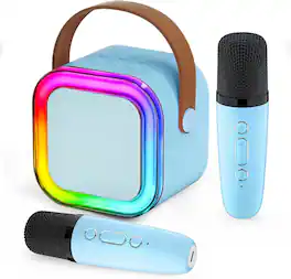 Stamp n Camp - Mini Karaoke Machine with 2 Wireless Microphone: Portable Bluetooth for Family Home Party - Systems - Blue