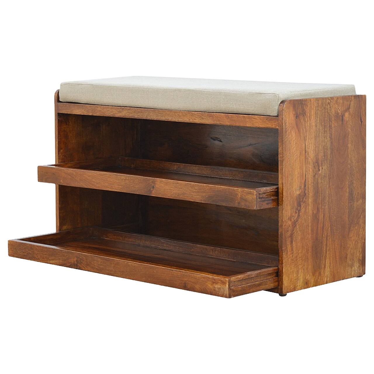 Left. Artisan Furniture - Artisan Furniture Solid Wood Mud Linen Pull out Shoe Bench, Upholstered, 2 Shelves, Brown & White - Brown & White.