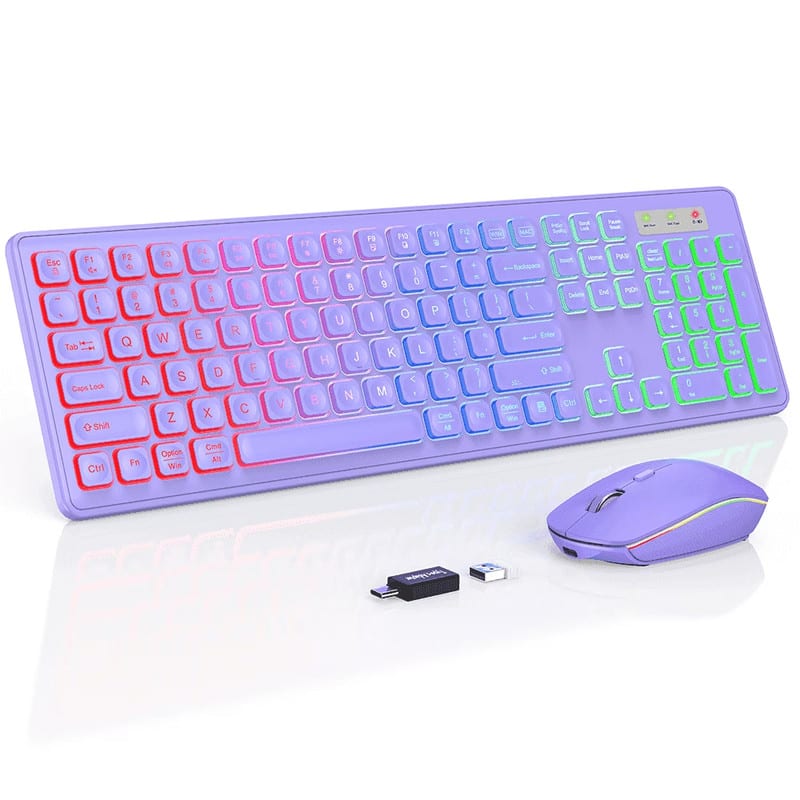Luckbyte - Rechargeable Silent Wireless Keyboard and Mouse Combo - Rainbow LED Backlit, Slim Ergonomic Set for PC & Laptop - Purple