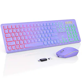 Luckbyte - Rechargeable Silent Wireless Keyboard and Mouse Combo - Rainbow LED Backlit, Slim Ergonomic Set for PC & Laptop - Purple