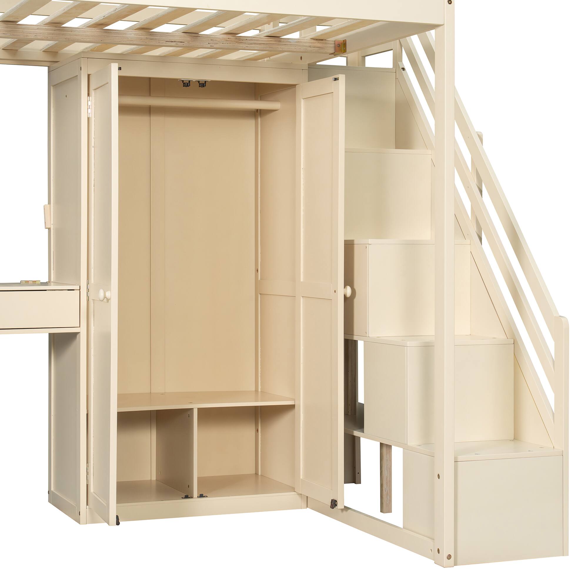 Alt View 5. Anysun - Full Size Loft Bed with Storage Staircase - Built-In Dressing Table & Mirror, Wardrobe, USB Ports & Lights - Beige.