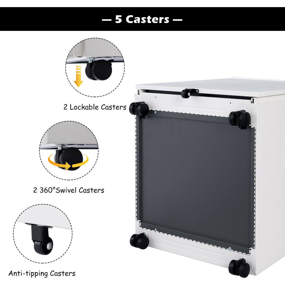 - 5 Casters
  - 2 Lockable Casters
  - 2 360° Swivel Casters
  - Anti-tipping Casters