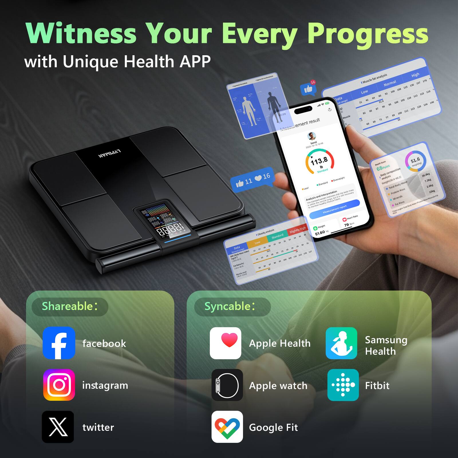 Witness Your Every Progress with Unique Health APP

be analysis High Allascle w 270 Normal CO IN - Low w B  ACI 220 E Data (ange) d 200 D 200 w the DA  or B  12 " - Match  " 25 ement result 

LYPIMAN
$88 (99 588
bend out - 2015 113.8 Storidant 16 #Dannelply 11 #SUNDAIC Potal and Annica reped Measurement high Yought Fibelly  sights 51.60 Standard . a Data . a NumaCrangel 2 & 20 Agary 10-00-20-0 -
- 51.6 sigog 68Point composition Sody modysis 482 25.95 Segne(30 - 7.2kg Sotal Vody 2.4kg FOOD Like Protein Minerath kinn

Shareable:
facebook
instagram
twitter

Syncable:
Apple Health
Samsung Health
Apple watch
Fitbit
Google Fit