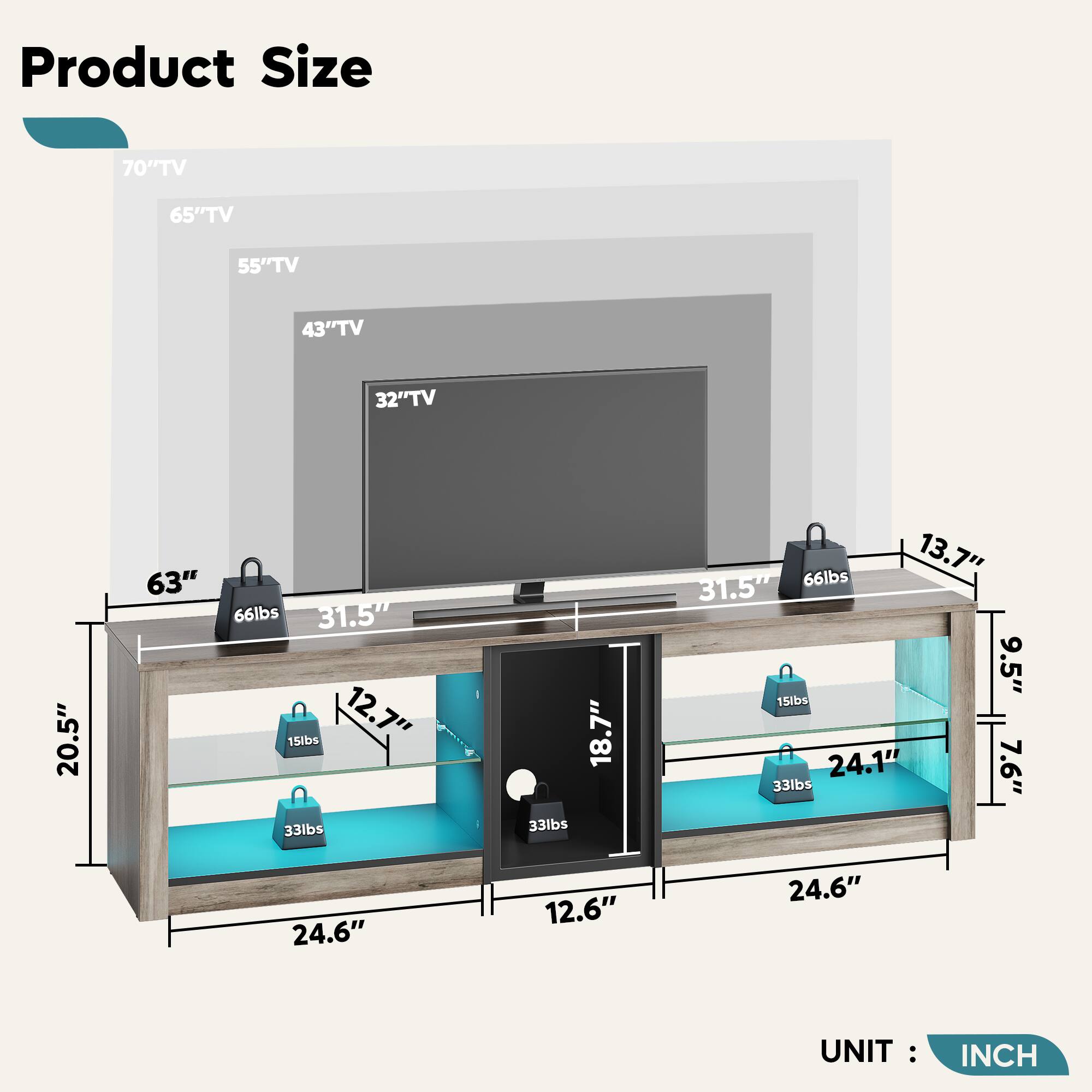 Product Size

- 70" TV: 63" x 31.5" x 20.5"
- 65" TV: 63" x 31.5" x 13.7"
- 55" TV: 63" x 31.5" x 18.7"
- 43" TV: 63" x 31.5" x 12.7"
- 32" TV: 63" x 31.5" x 9.5"
- 20.5" TV: 24.6" x 12.6" x 24.6"

Weights:
- 66 lbs
- 33 lbs
- 15 lbs

UNIT: INCH