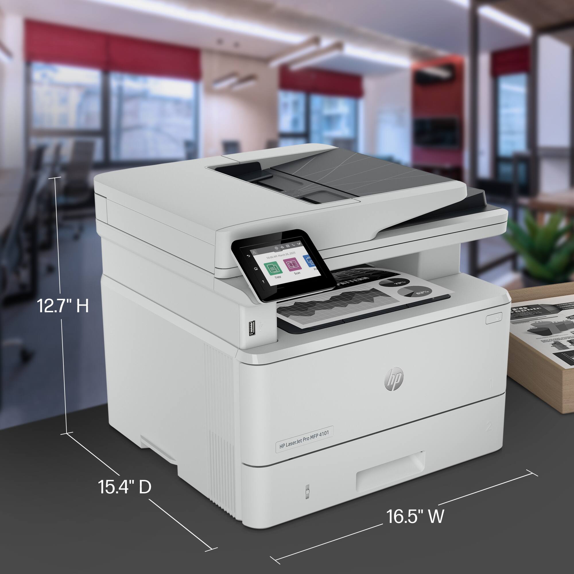HP LaserJet Pro MFP A4 101  
12.7" H  
15.4" D  
16.5" W