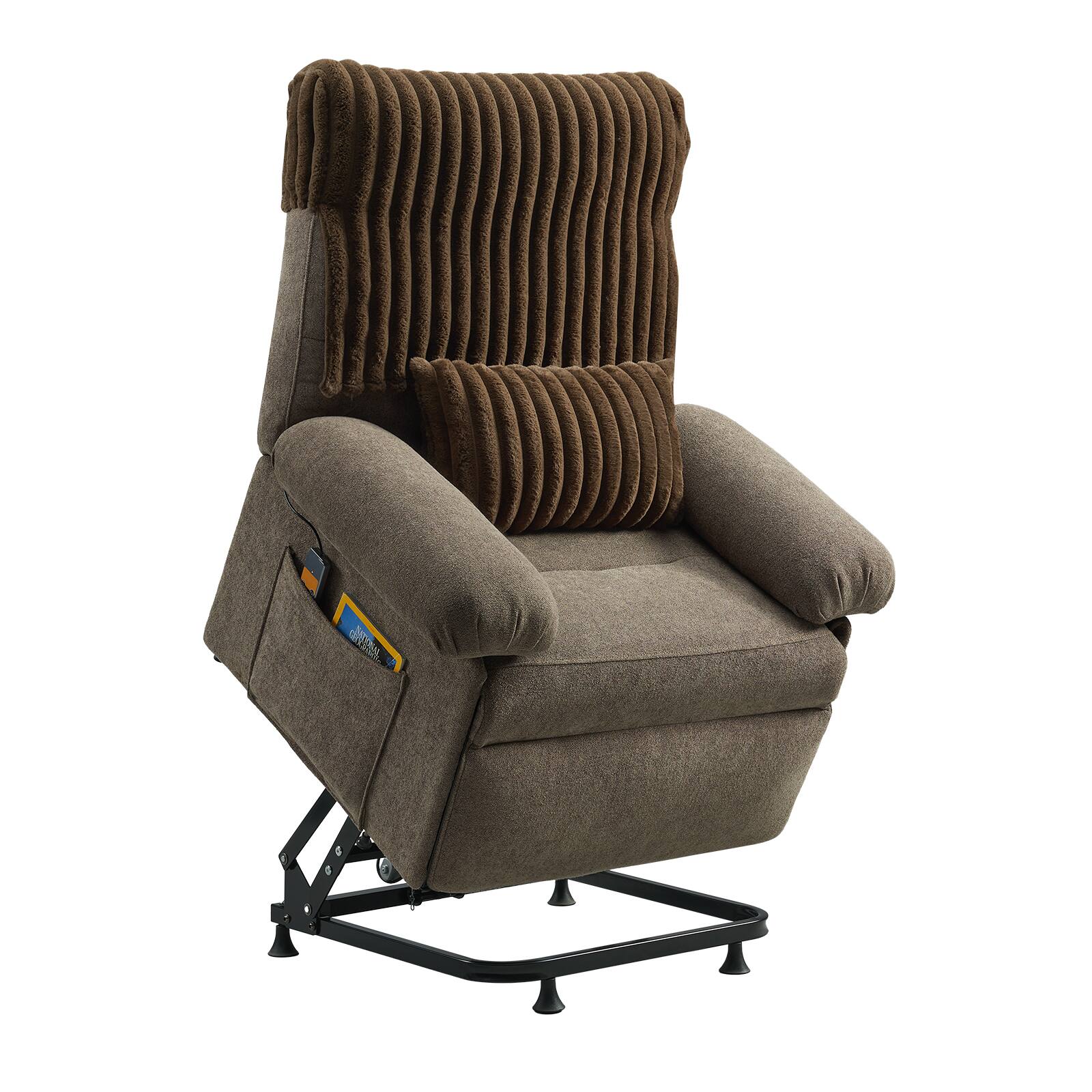Bestier - Triple Motor Power Lift Recliner Chair with Removable Cover Lumbar Pillow and Side Pocket - Coffee