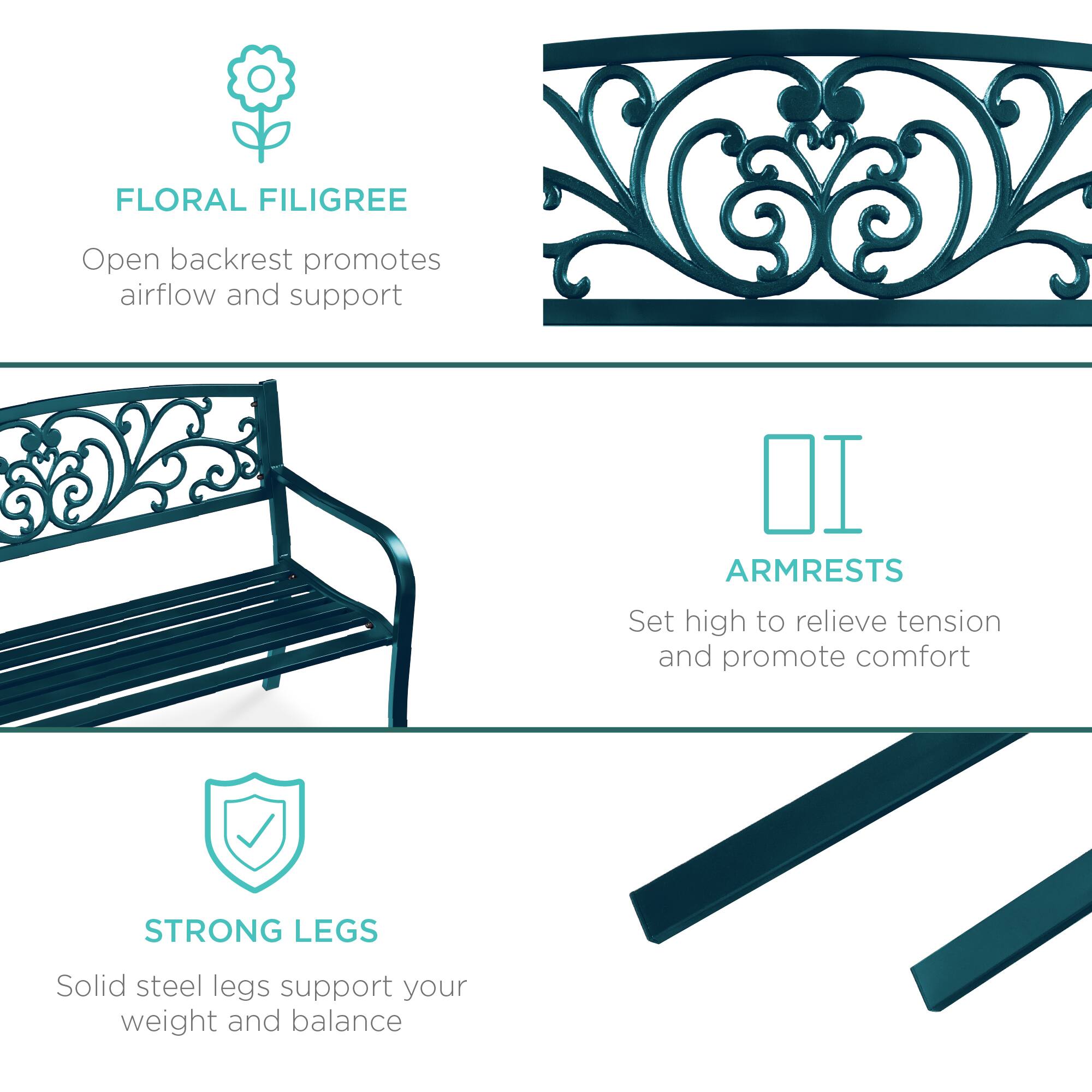 **FLORAL FILIGREE**  
Open backrest promotes airflow and support

**ARMRESTS**  
Set high to relieve tension and promote comfort

**STRONG LEGS**  
Solid steel legs support your weight and balance