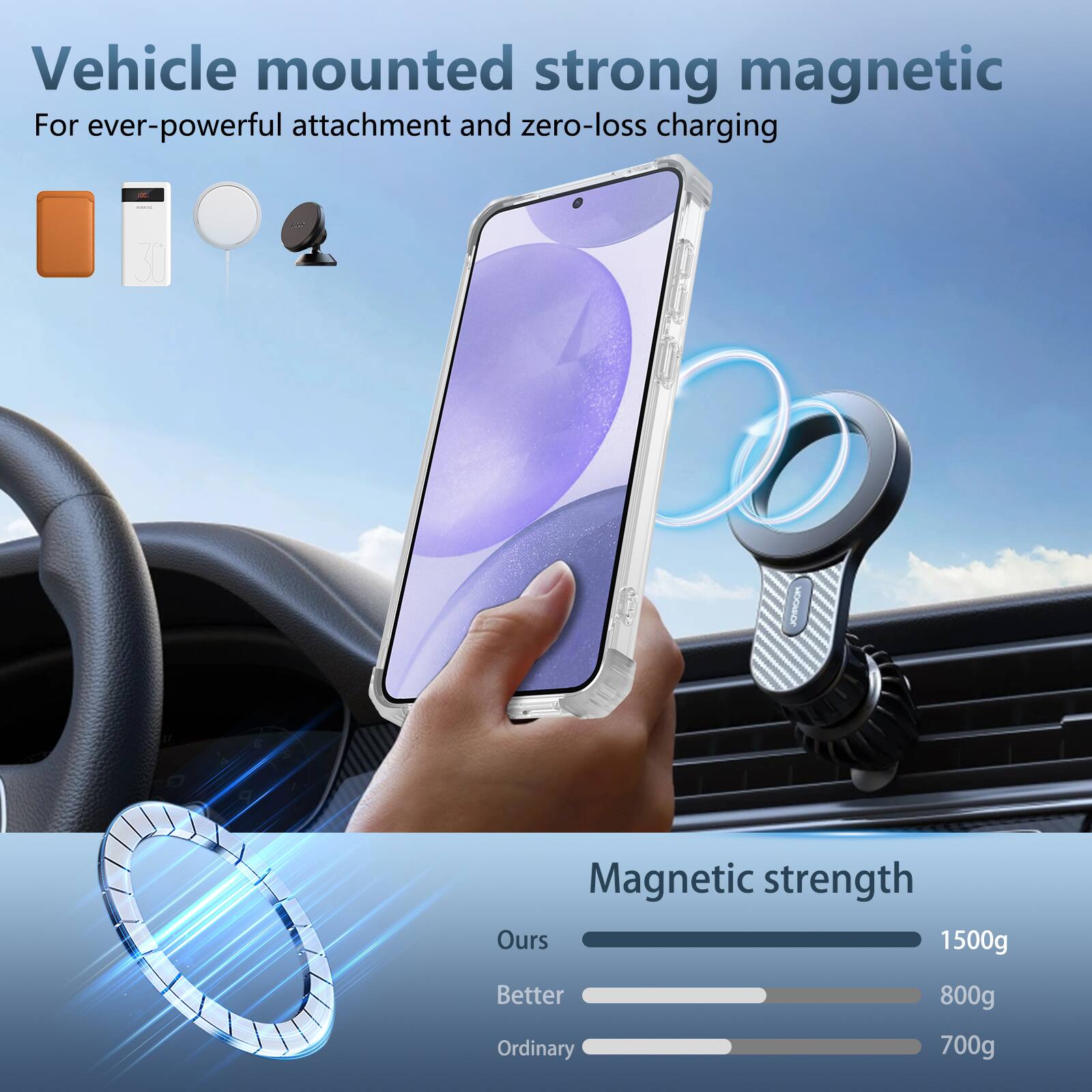 Vehicle mounted strong magnetic  
For ever-powerful attachment and zero-loss charging  

Magnetic strength  
Ours: 1500g  
Better: 800g  
Ordinary: 700g