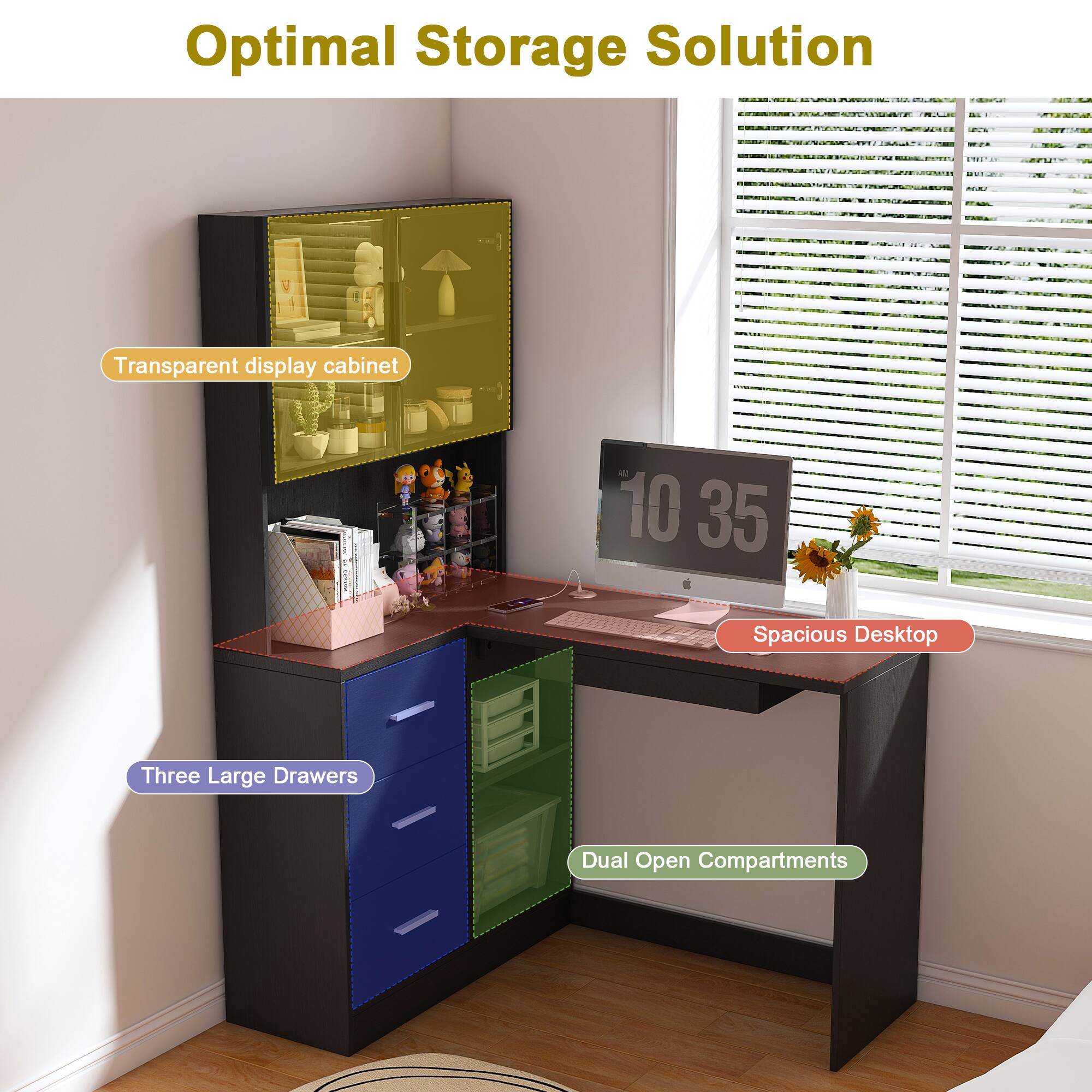 Optimal Storage Solution

Transparent display cabinet

Spacious Desktop

Three Large Drawers

Dual Open Compartments