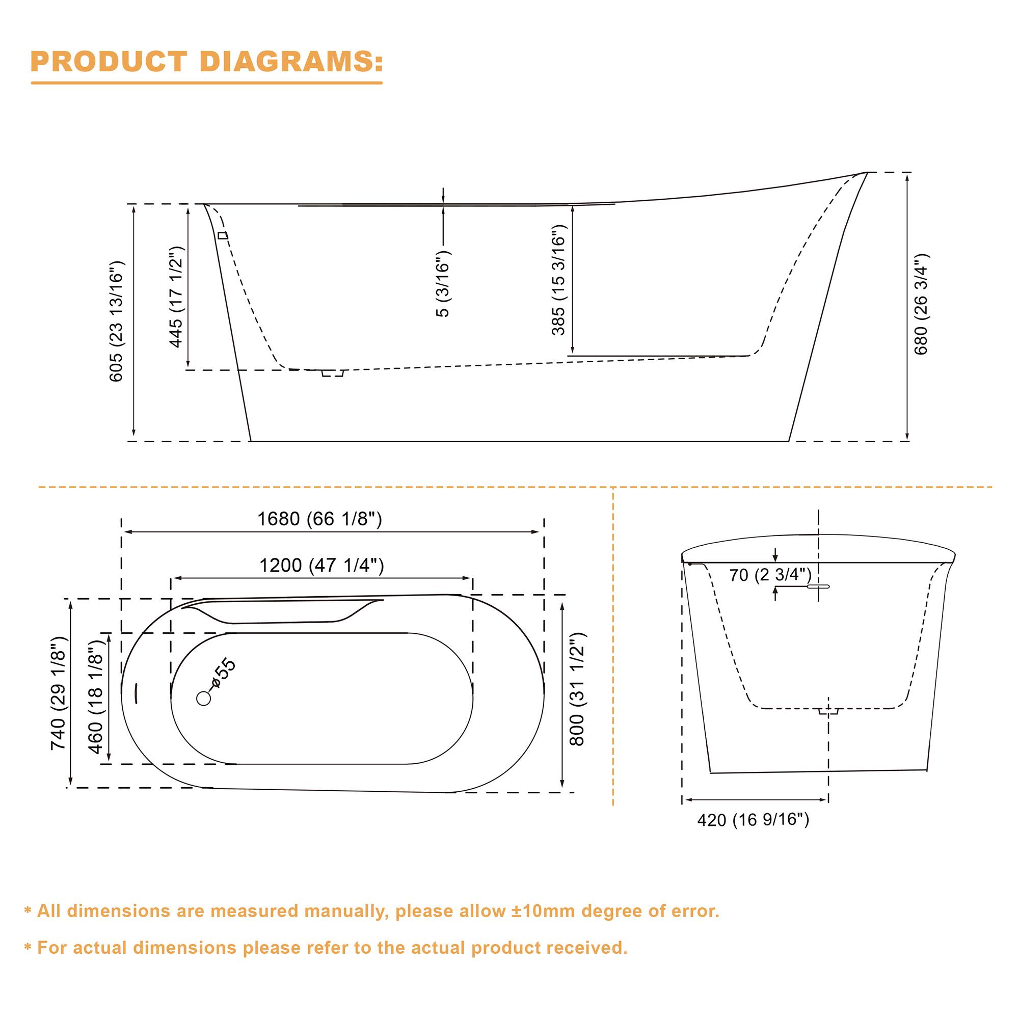 PRODUCT DIAGRAMS:  
- 605 (23 1/2")  
- 445 (17 1/2")  
- 385 (15 1/2")  
- 680 (26 3/8")  
- 1680 (66 1/8")  
- 1200 (47 1/4")  
- 70 (2 3/4")  
- 1/8"  
- 29 (740 1/8")  
- 18 (460 1/2")  
- 31 (800 420)  
- 16 (9/16")  

All dimensions are measured manually, please allow 10mm degree of error.  
For actual dimensions please refer to the actual product received.