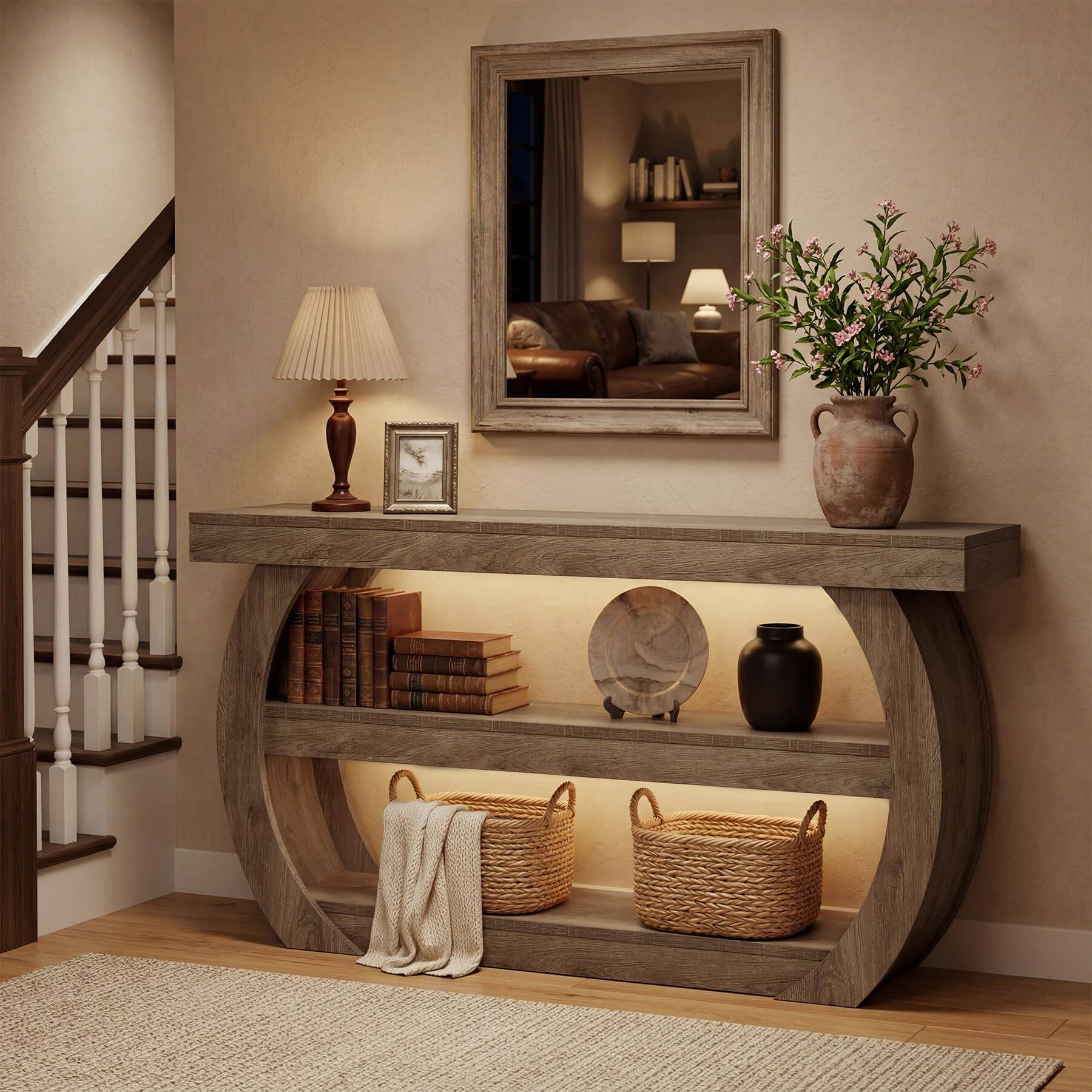 Alt View 2. Tribesigns - Farmhouse Console Table, 3-Tier Wooden Entryway Table with Storage Shelves, 63-Inch Long Rectangular Sofa Console Behind - Light Brown.