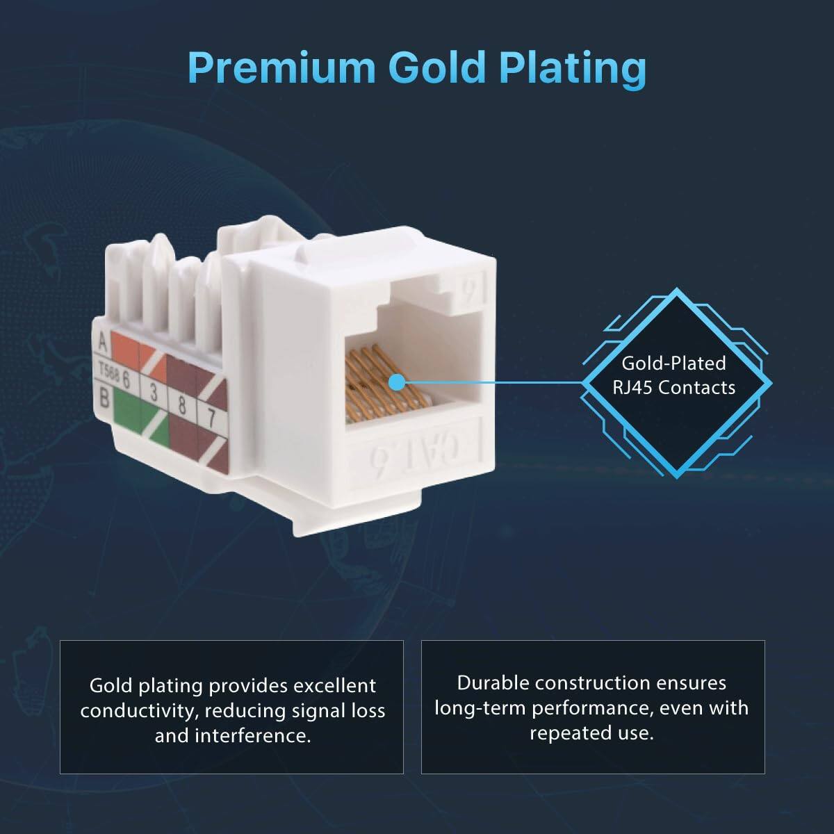 Premium Gold Plating

Gold-Plated RJ45 Contacts

Gold plating provides excellent conductivity, reducing signal loss and interference.

Durable construction ensures long-term performance, even with repeated use.
